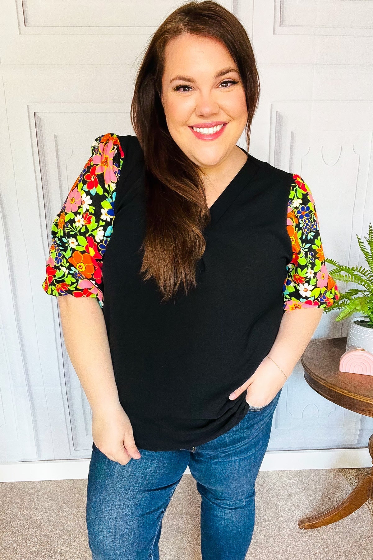 Eyes On You Black Floral Puff Sleeve V Neck Top - Charming Charlie