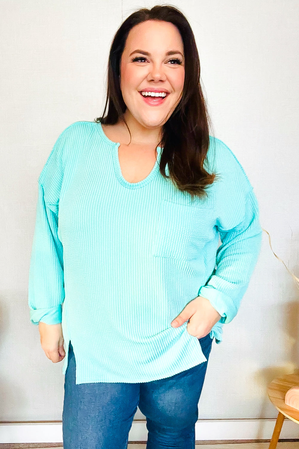 Eyes On You Seafoam Mineral Wash Rib Notch Neck Pocket Top - Charming Charlie