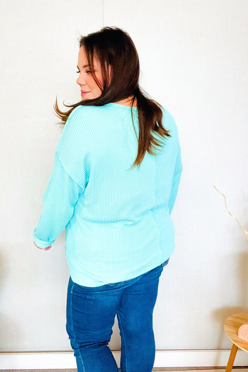 Eyes On You Seafoam Mineral Wash Rib Notch Neck Pocket Top - Charming Charlie