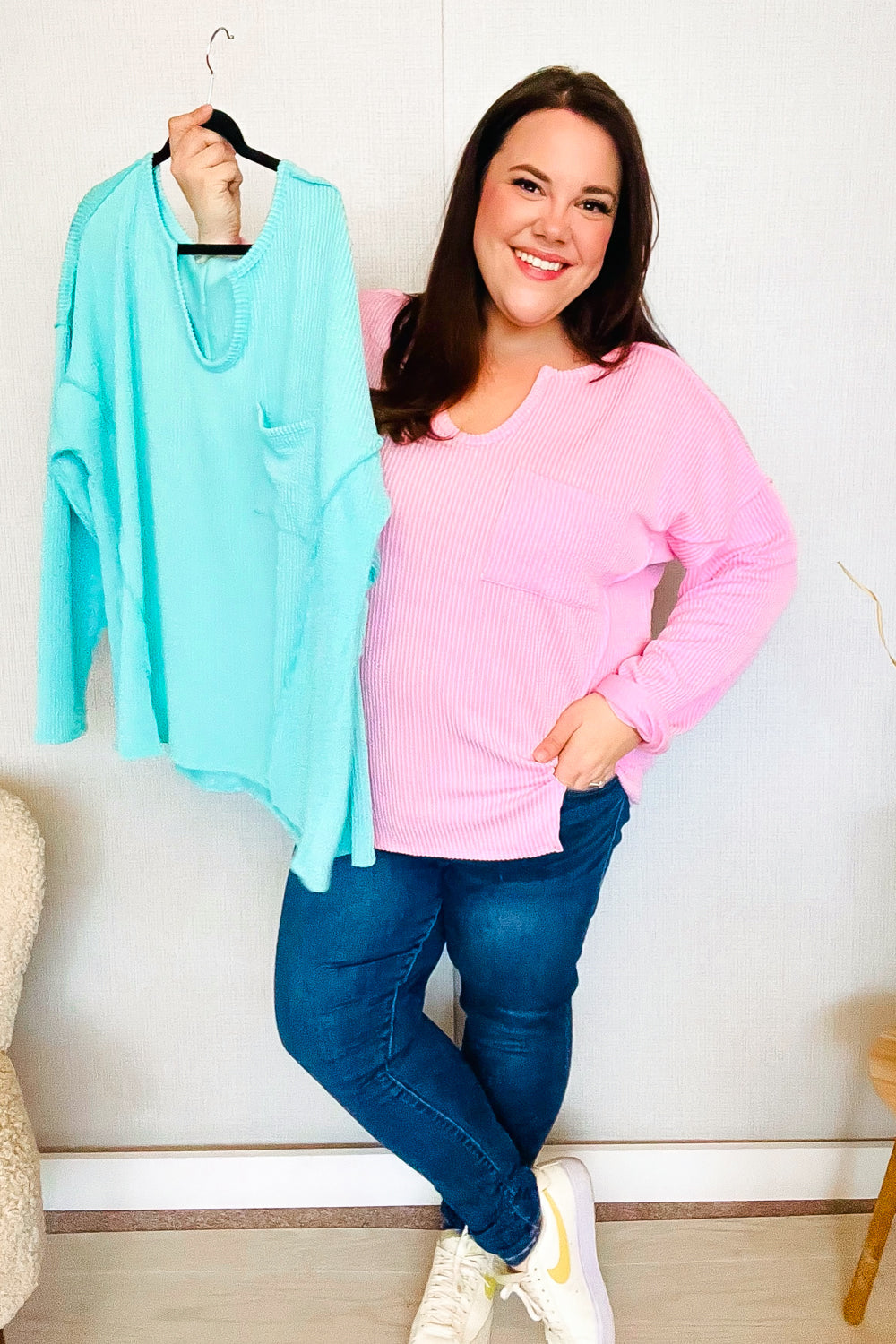 Eyes On You Seafoam Mineral Wash Rib Notch Neck Pocket Top - Charming Charlie