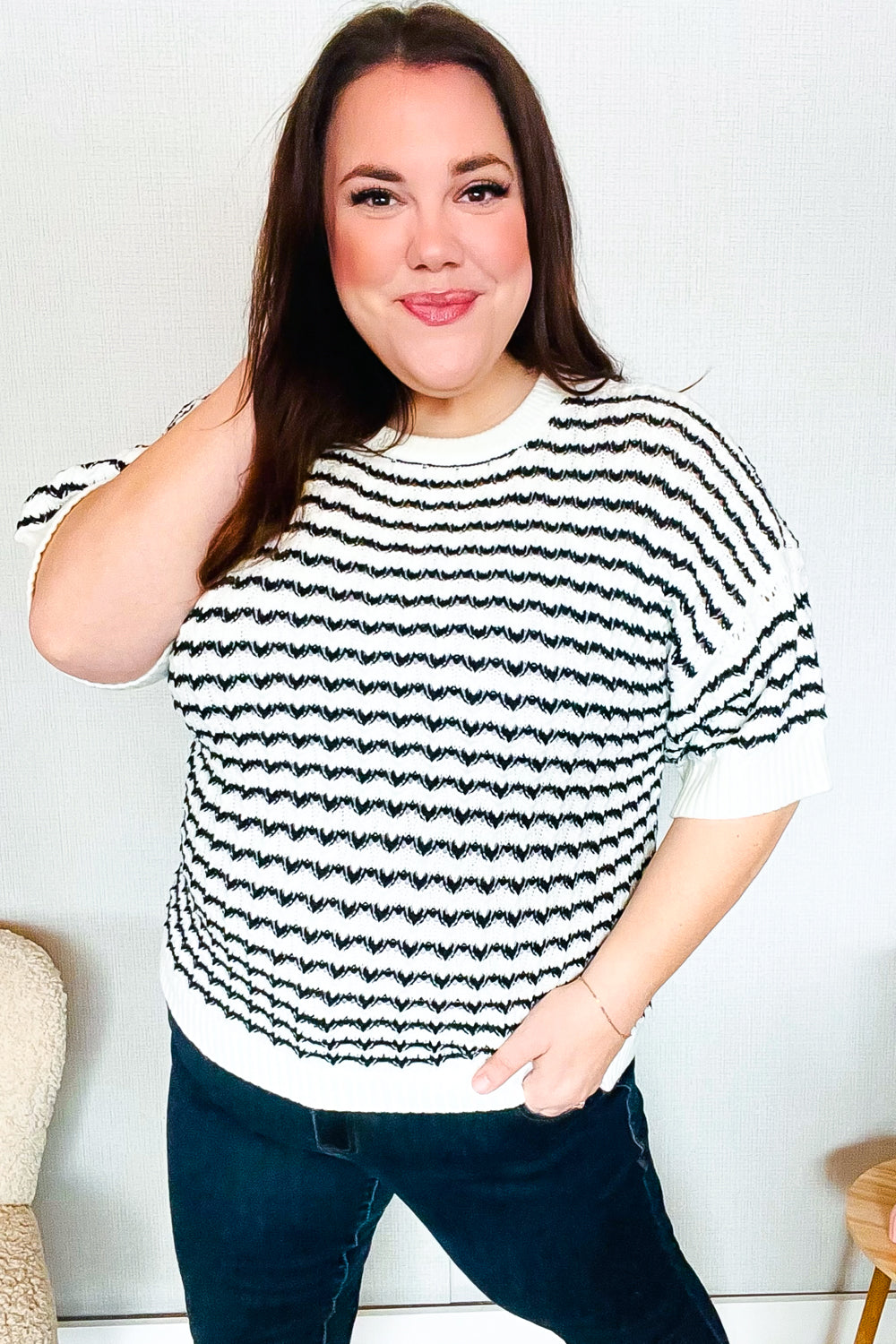 You've Got This Ivory & Black Wavy Stripe Pattern Sweater Top - Charming Charlie