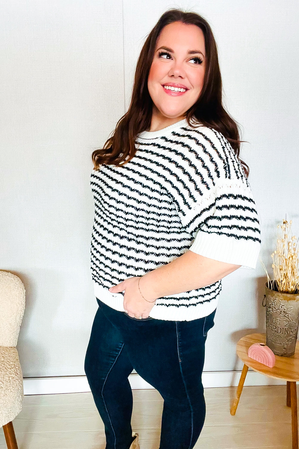You've Got This Ivory & Black Wavy Stripe Pattern Sweater Top - Charming Charlie