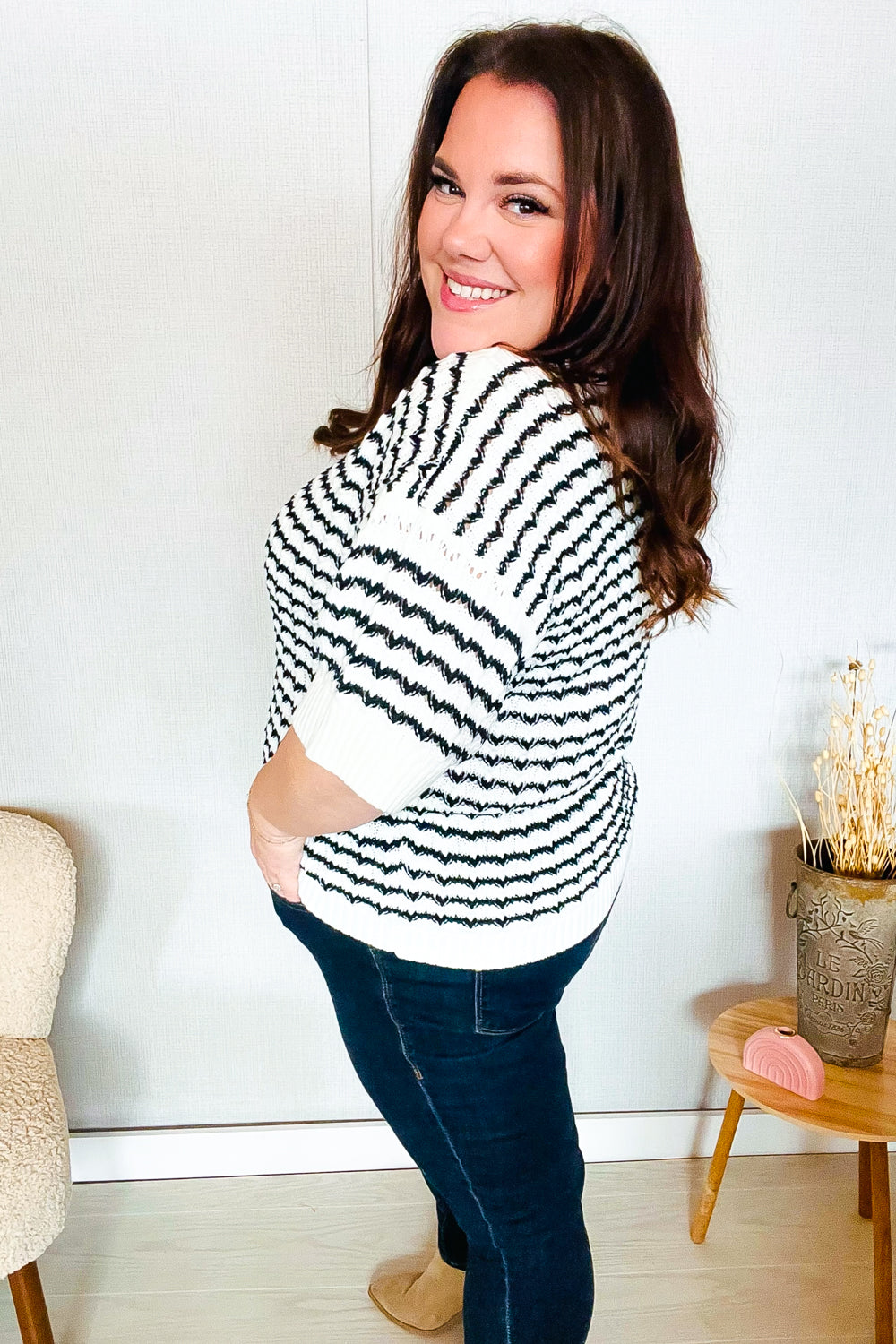 You've Got This Ivory & Black Wavy Stripe Pattern Sweater Top - Charming Charlie
