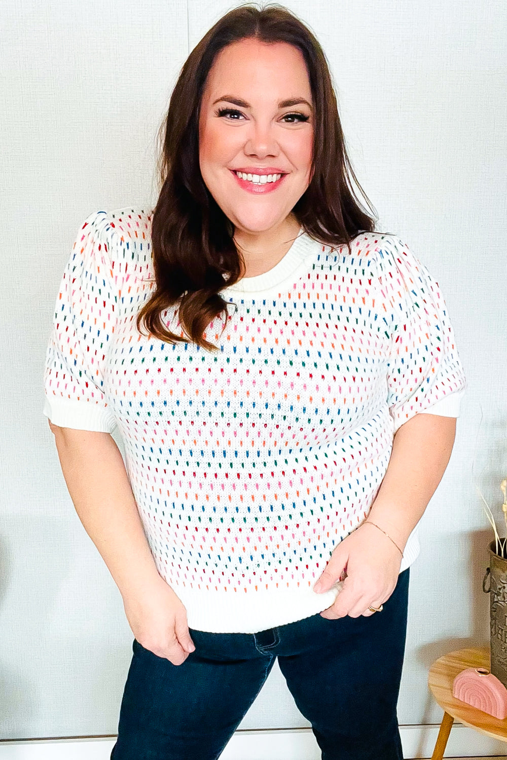 Spread Joy Ivory & Multicolor Jacquard Bubble Sleeve Sweater - Charming Charlie