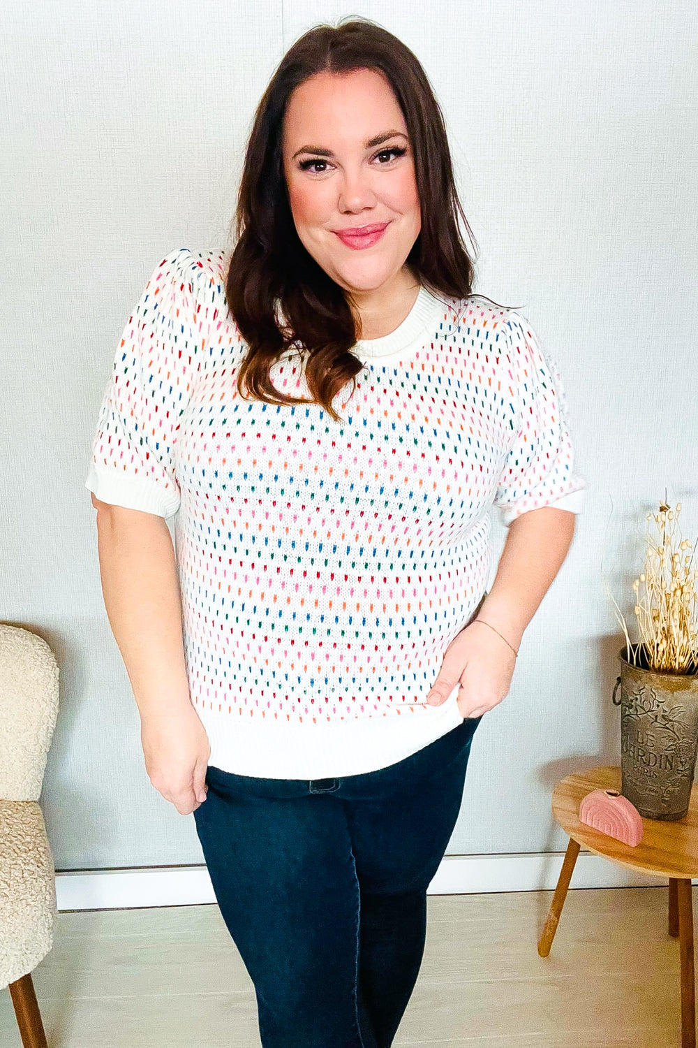 Spread Joy Ivory & Multicolor Jacquard Bubble Sleeve Sweater - Charming Charlie