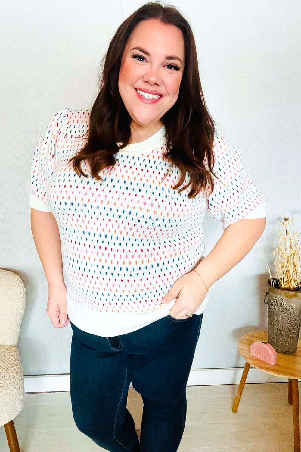 Spread Joy Ivory & Multicolor Jacquard Bubble Sleeve Sweater - Charming Charlie