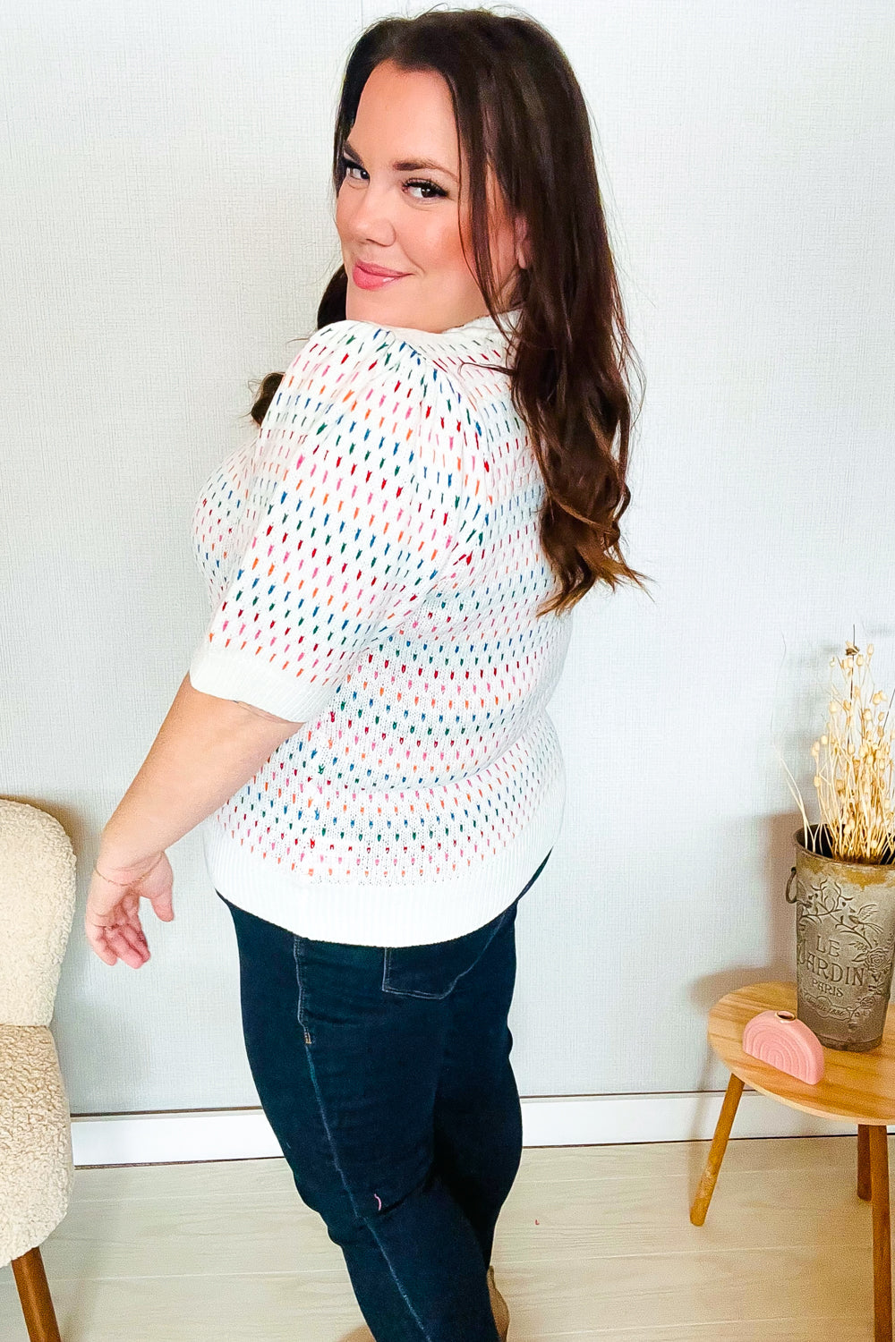 Spread Joy Ivory & Multicolor Jacquard Bubble Sleeve Sweater - Charming Charlie