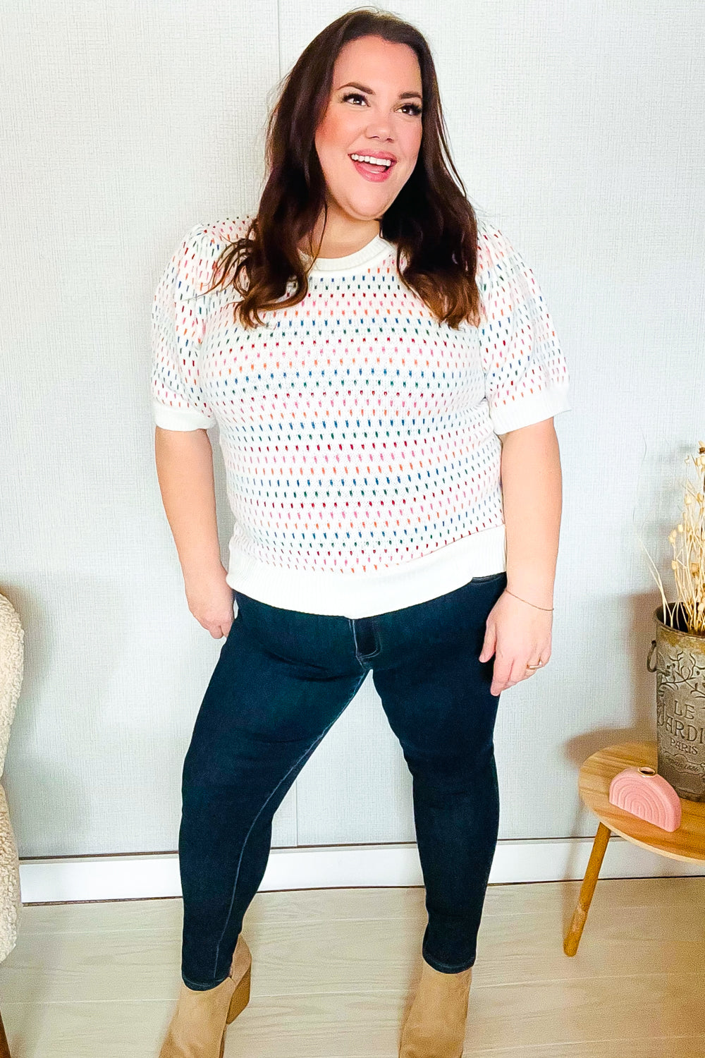 Spread Joy Ivory & Multicolor Jacquard Bubble Sleeve Sweater - Charming Charlie