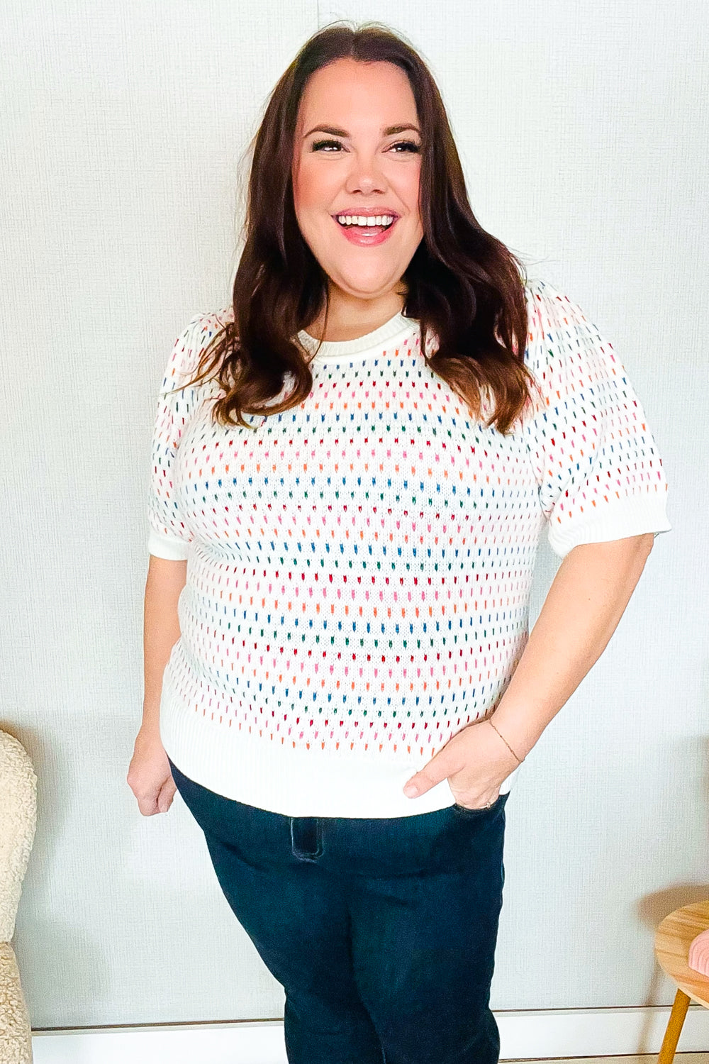Spread Joy Ivory & Multicolor Jacquard Bubble Sleeve Sweater - Charming Charlie