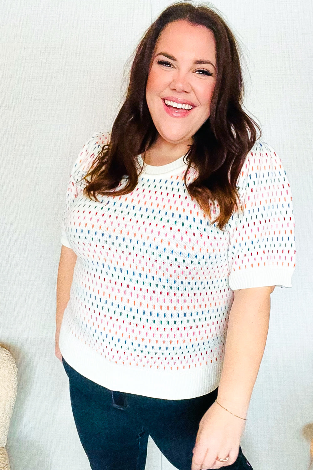 Spread Joy Ivory & Multicolor Jacquard Bubble Sleeve Sweater - Charming Charlie