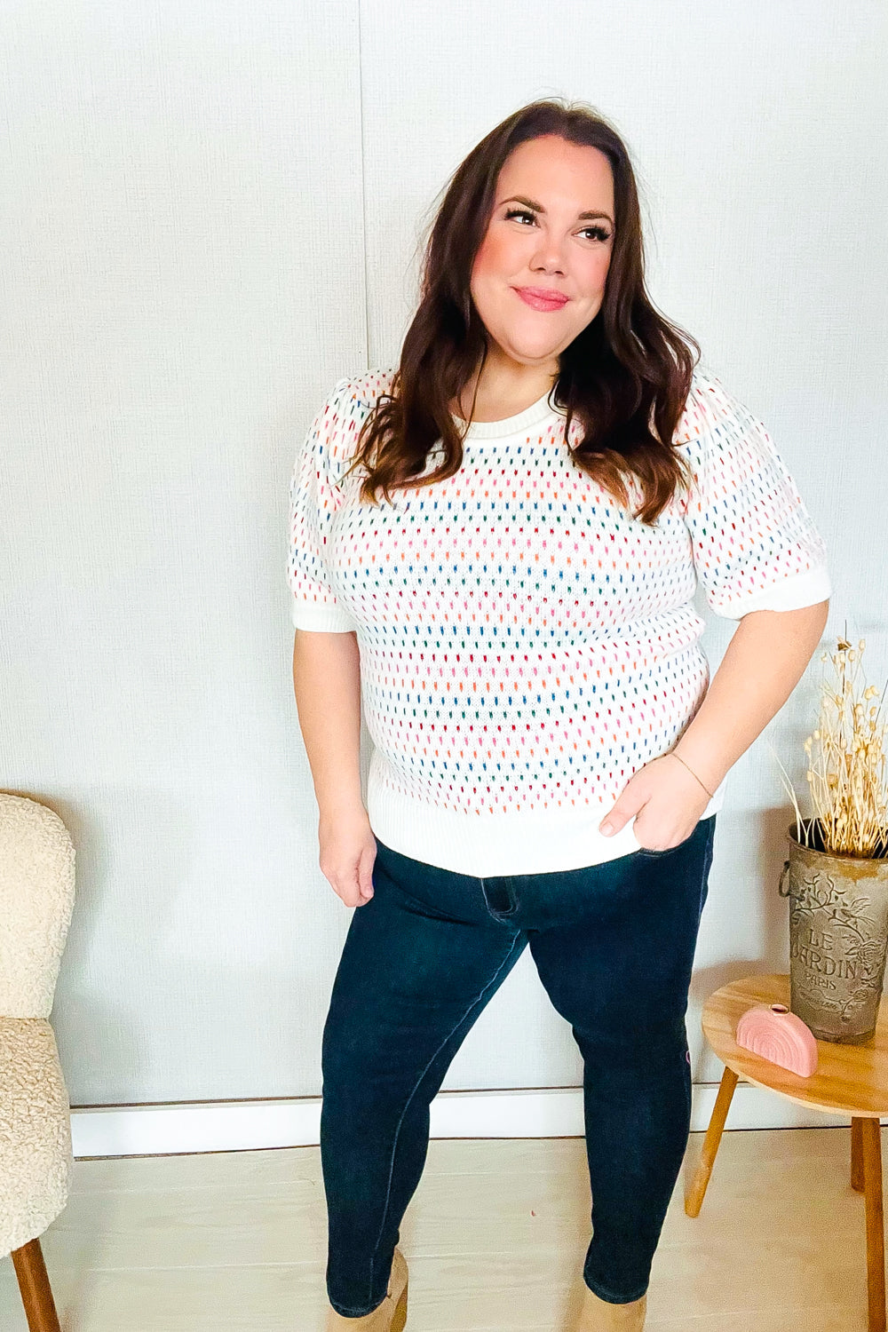 Spread Joy Ivory & Multicolor Jacquard Bubble Sleeve Sweater - Charming Charlie