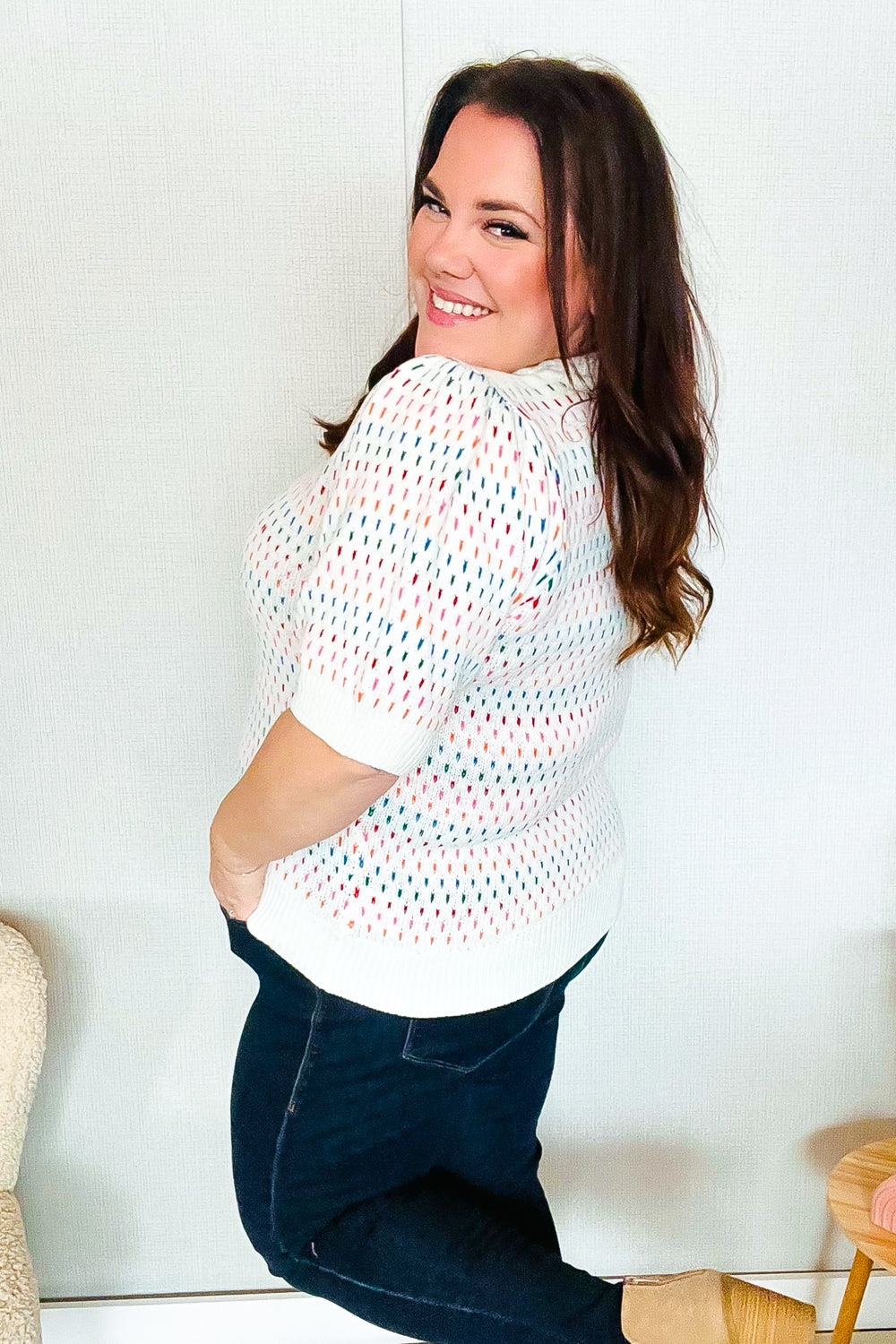 Spread Joy Ivory & Multicolor Jacquard Bubble Sleeve Sweater - Charming Charlie