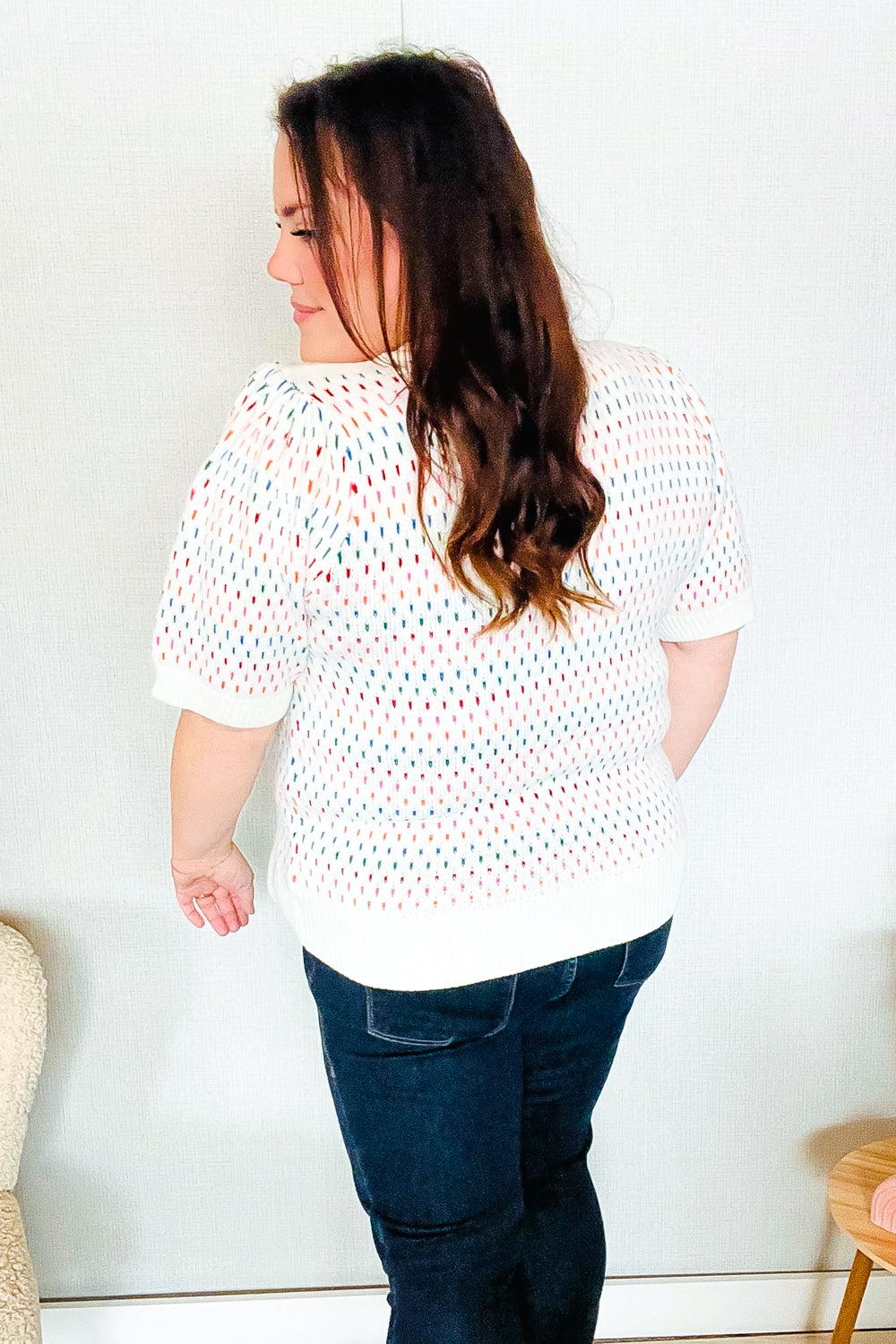 Spread Joy Ivory & Multicolor Jacquard Bubble Sleeve Sweater - Charming Charlie