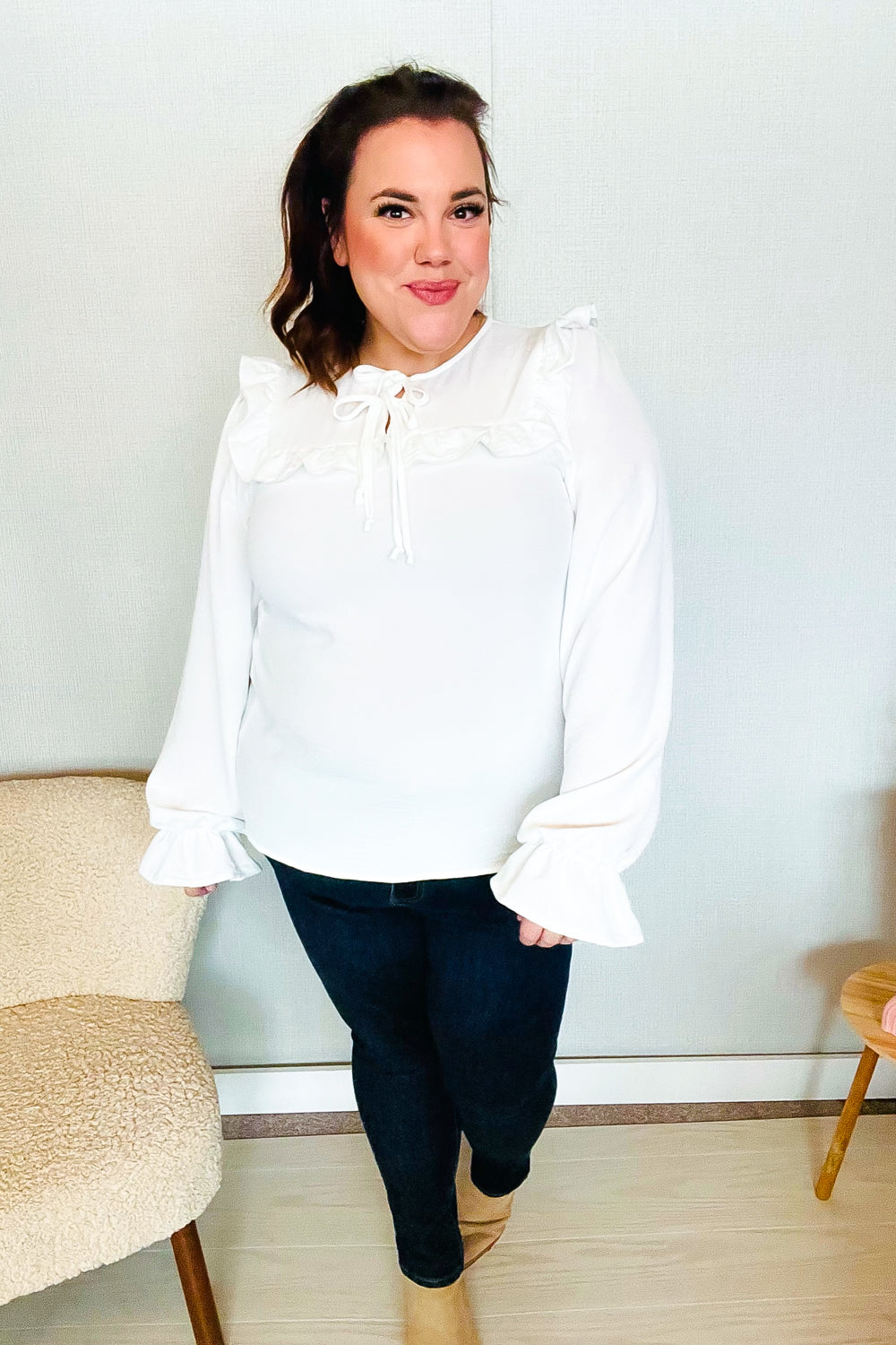 Eyes On You Ivory Ribbon Tie Bow Square Neck Ruffle Bubble Sleeve Blouse - Charming Charlie