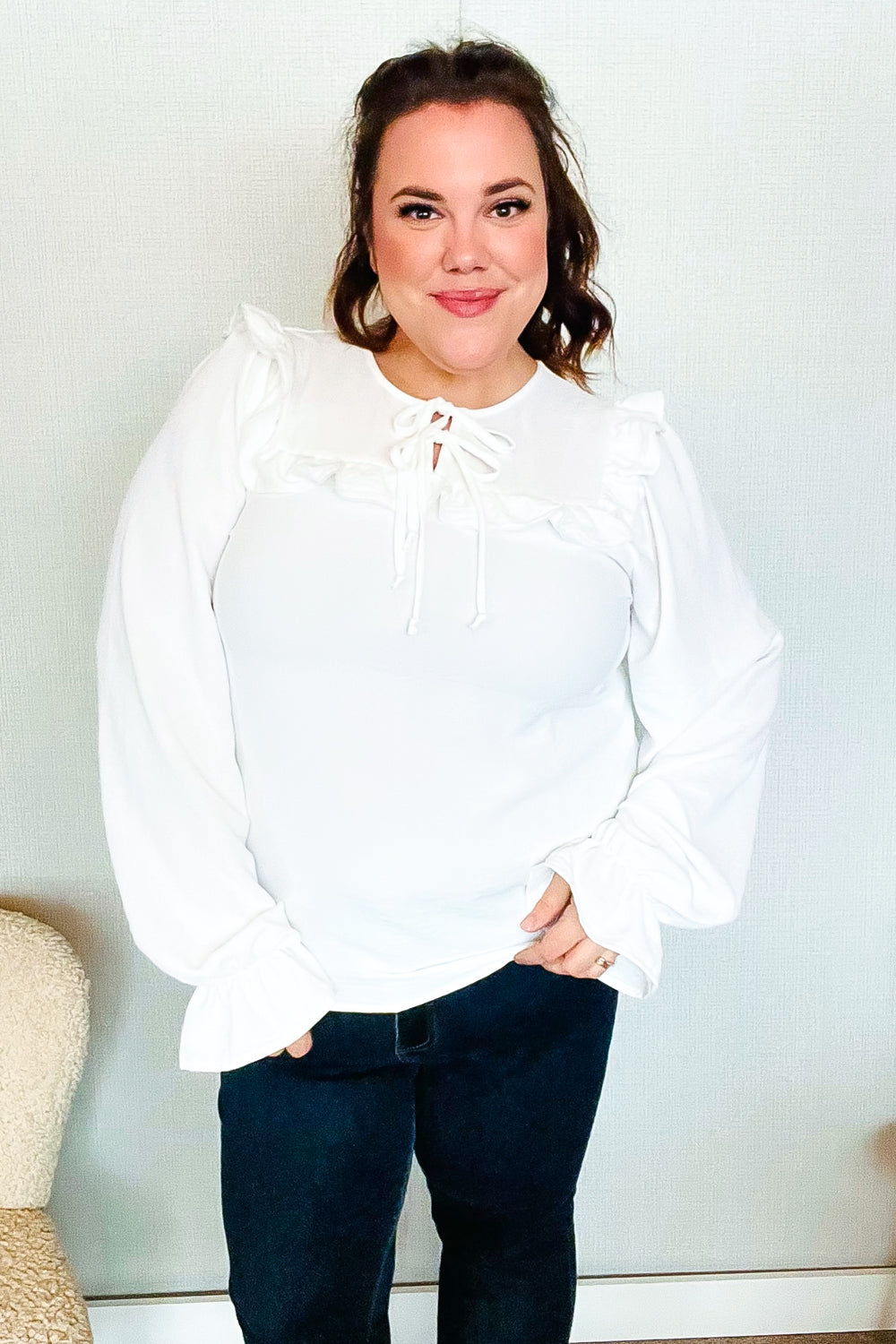 Eyes On You Ivory Ribbon Tie Bow Square Neck Ruffle Bubble Sleeve Blouse - Charming Charlie