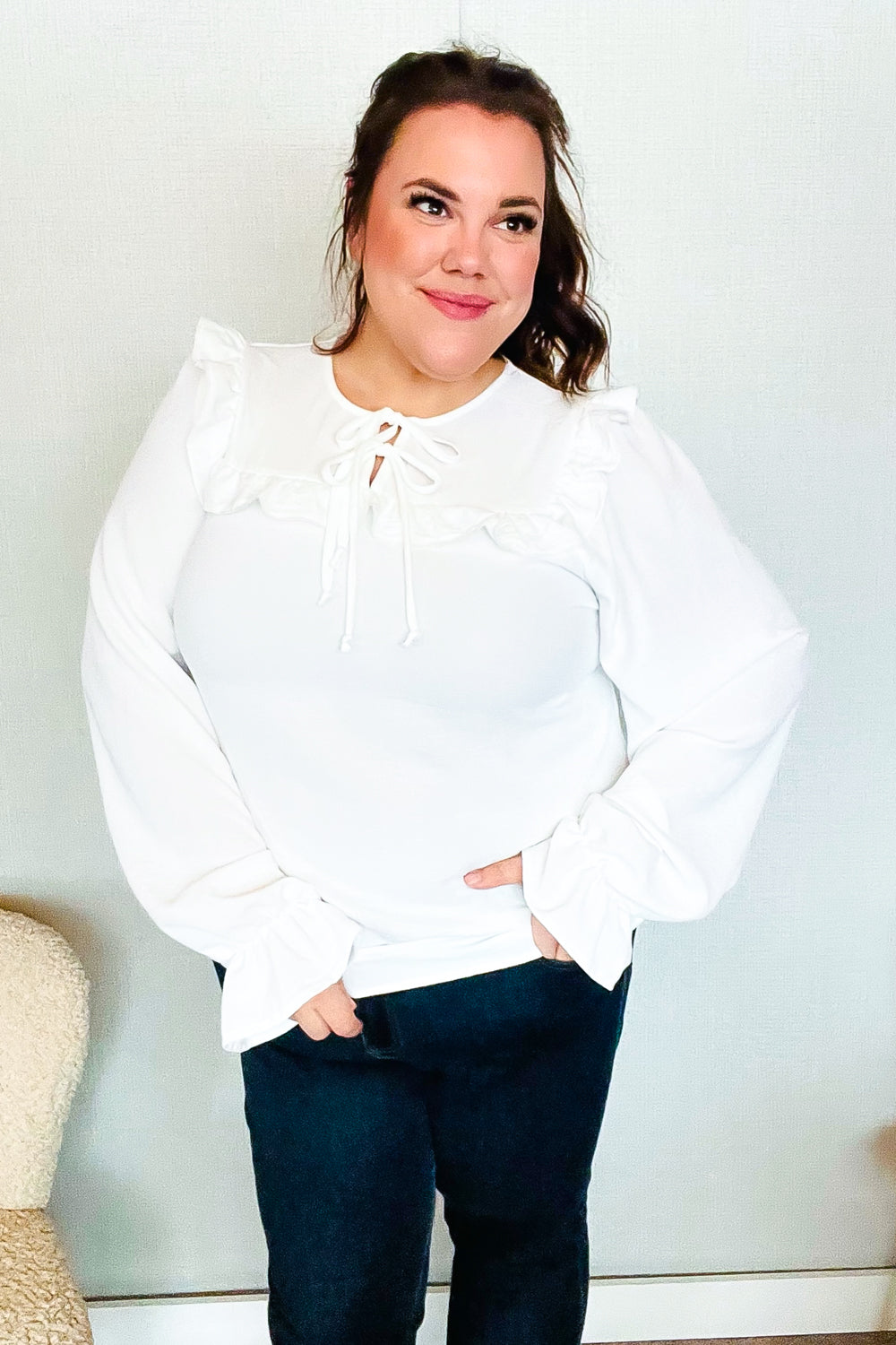 Eyes On You Ivory Ribbon Tie Bow Square Neck Ruffle Bubble Sleeve Blouse - Charming Charlie