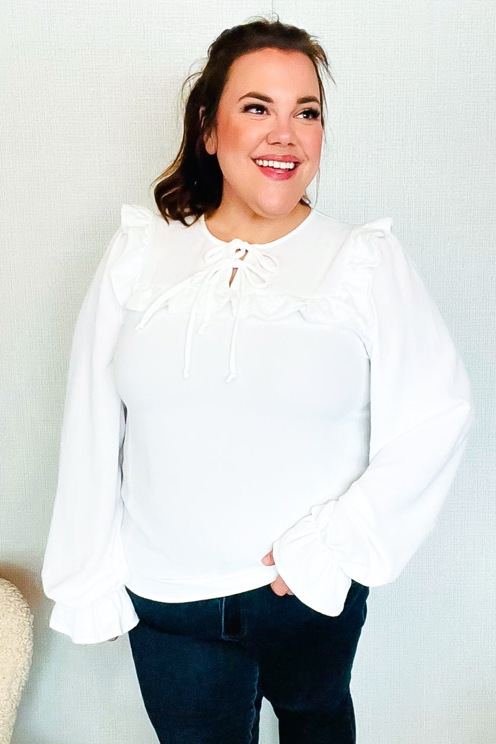 Eyes On You Ivory Ribbon Tie Bow Square Neck Ruffle Bubble Sleeve Blouse - Charming Charlie