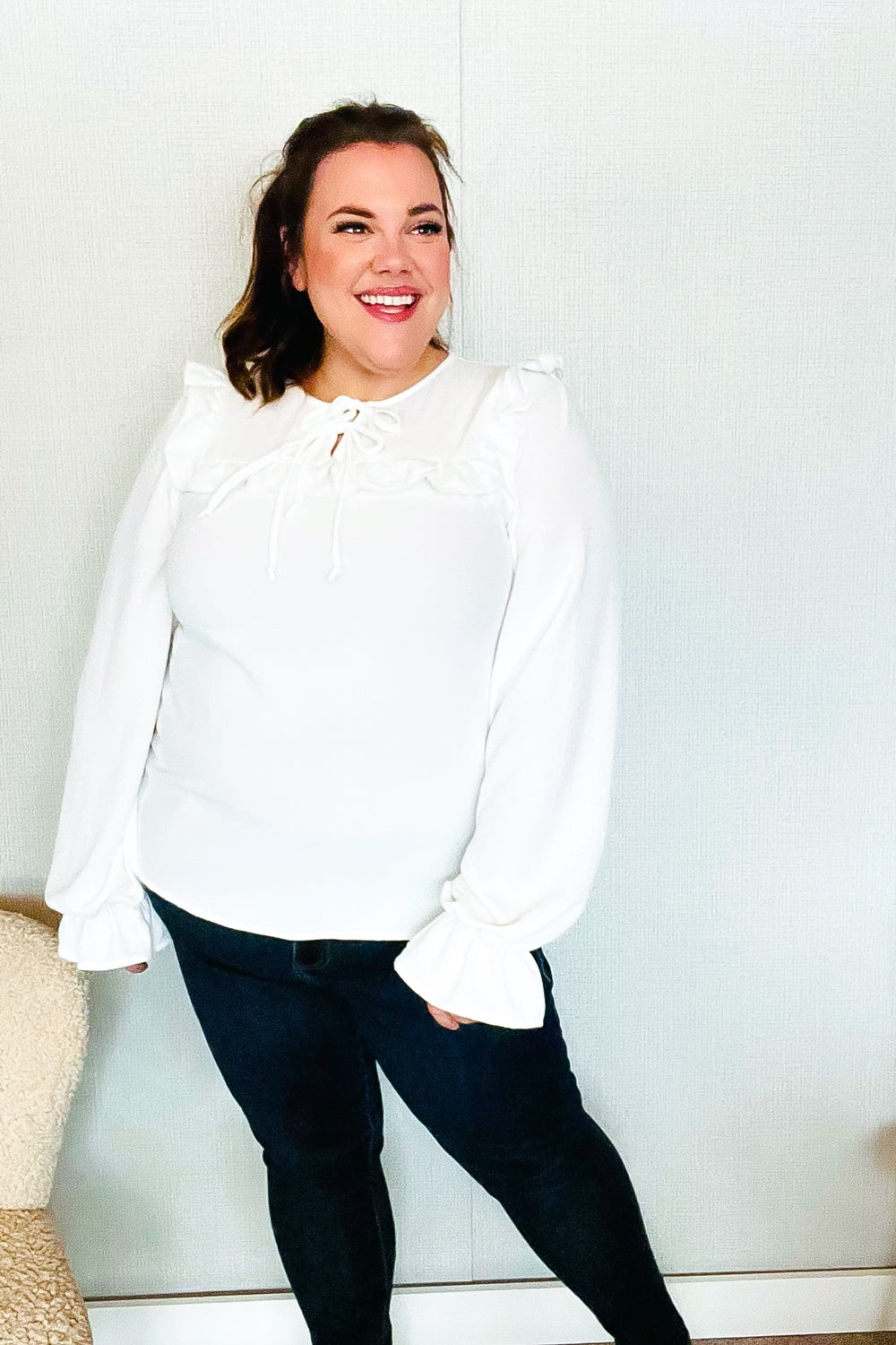 Eyes On You Ivory Ribbon Tie Bow Square Neck Ruffle Bubble Sleeve Blouse - Charming Charlie