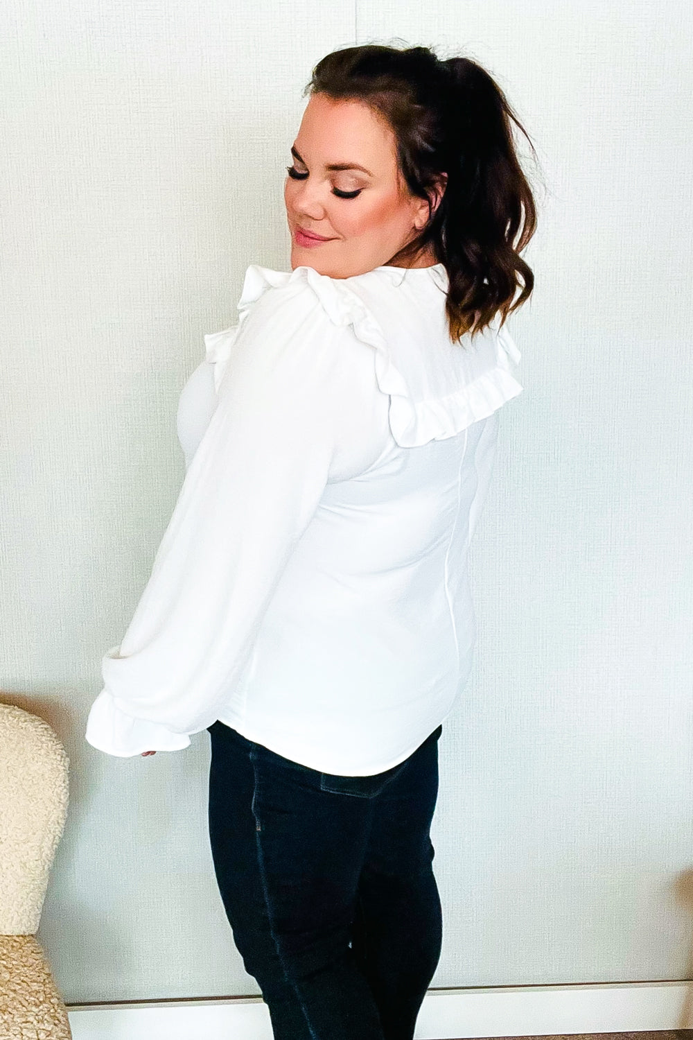 Eyes On You Ivory Ribbon Tie Bow Square Neck Ruffle Bubble Sleeve Blouse - Charming Charlie