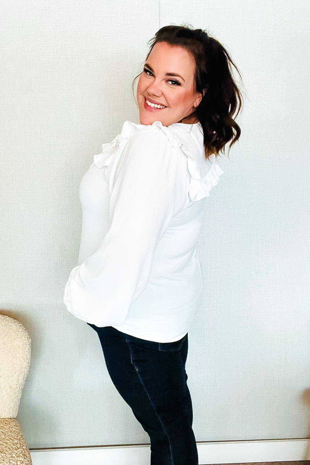 Eyes On You Ivory Ribbon Tie Bow Square Neck Ruffle Bubble Sleeve Blouse - Charming Charlie