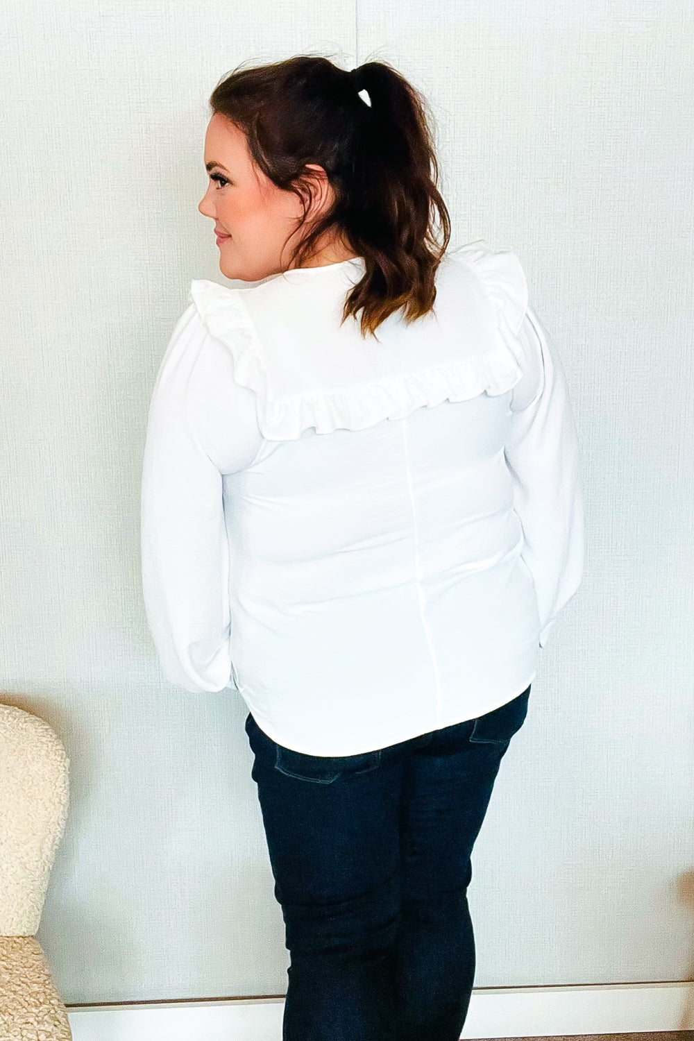 Eyes On You Ivory Ribbon Tie Bow Square Neck Ruffle Bubble Sleeve Blouse - Charming Charlie