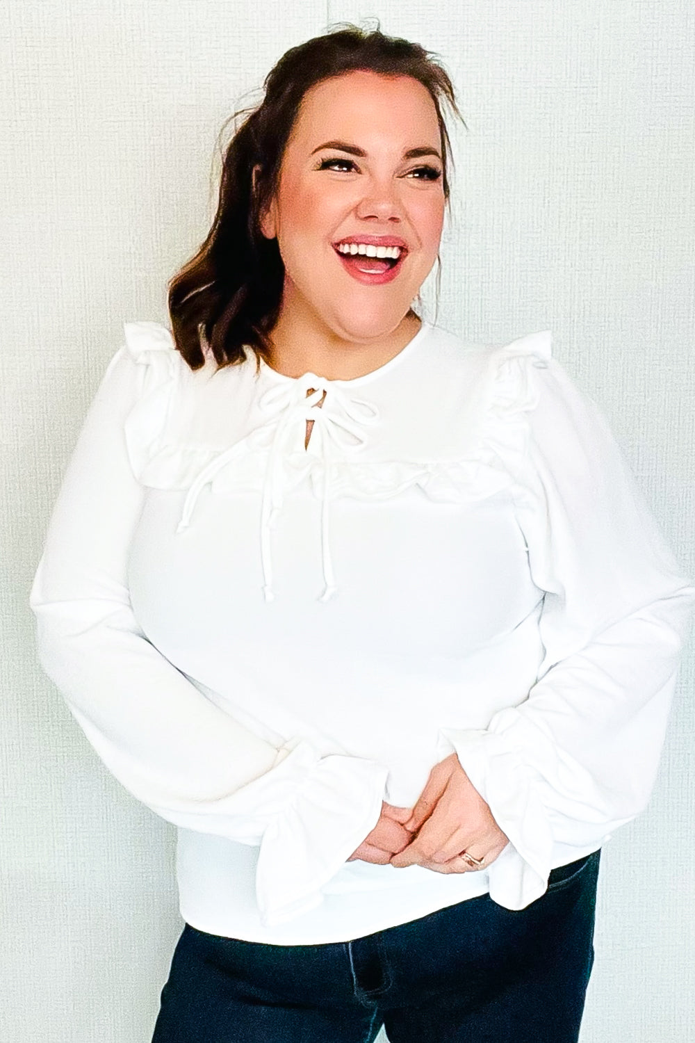 Eyes On You Ivory Ribbon Tie Bow Square Neck Ruffle Bubble Sleeve Blouse - Charming Charlie