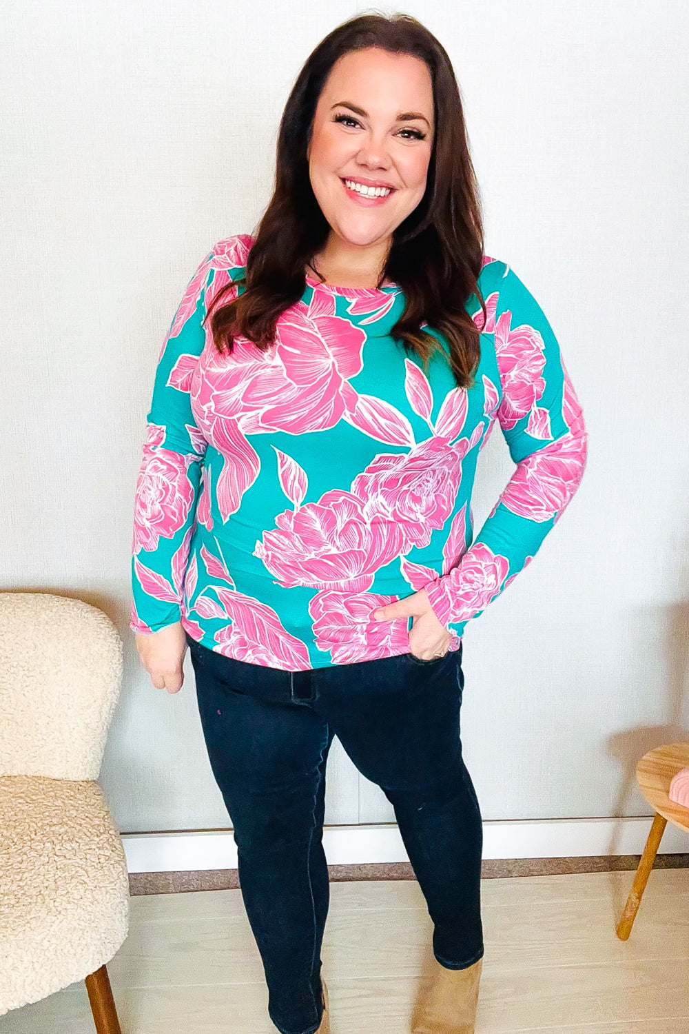 Find Love Aqua/Pink Fitted Floral Print Buttery Soft Knit Top - Charming Charlie