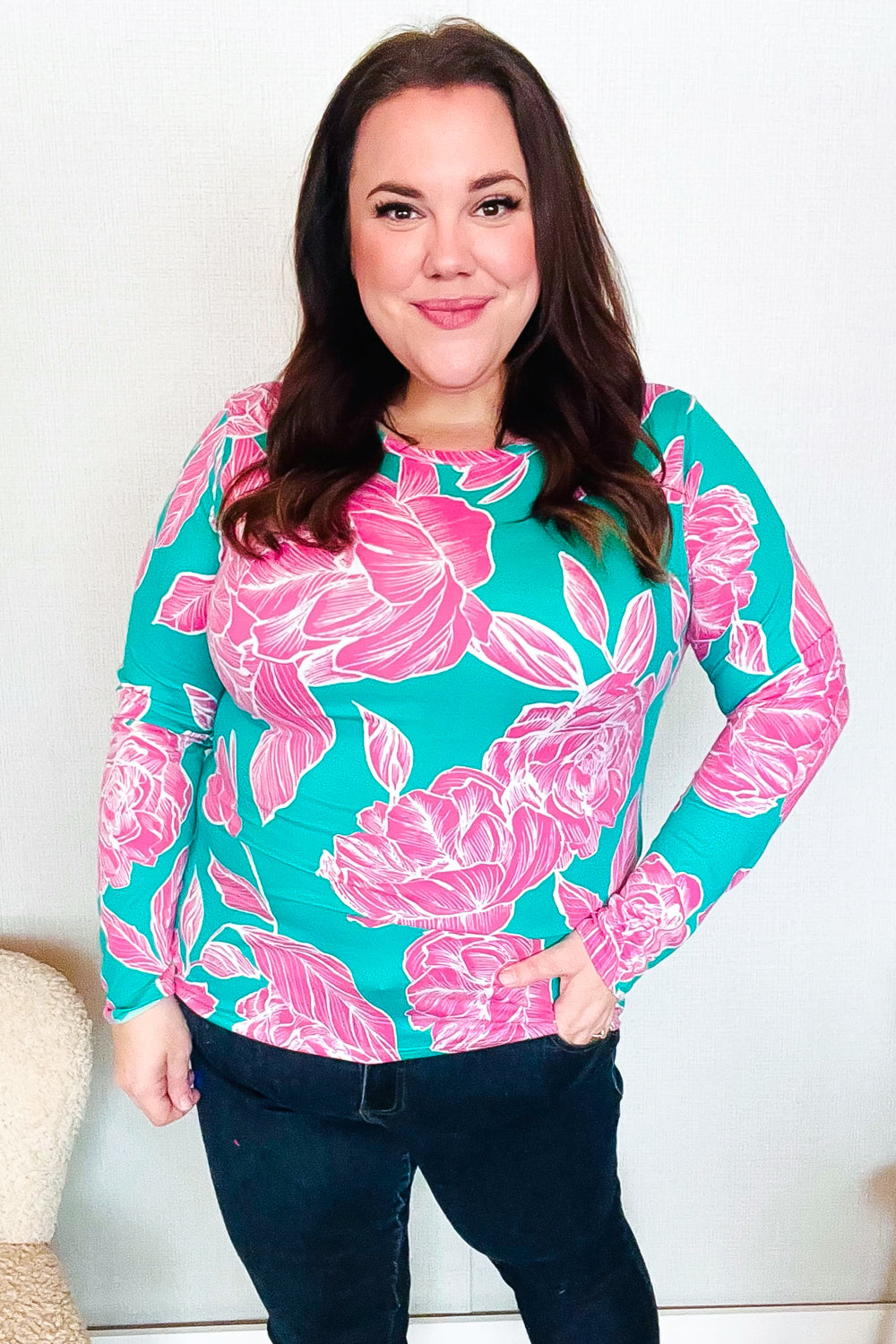 Find Love Aqua/Pink Fitted Floral Print Buttery Soft Knit Top - Charming Charlie