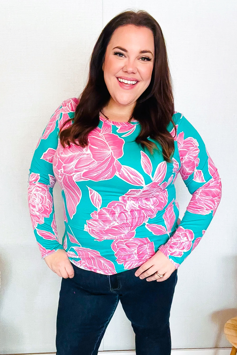 Find Love Aqua/Pink Fitted Floral Print Buttery Soft Knit Top - Charming Charlie