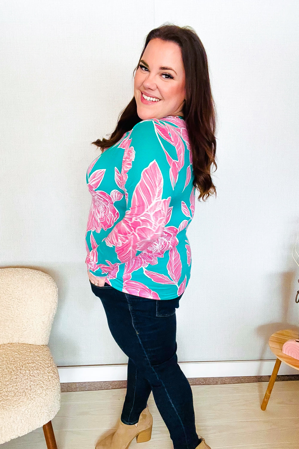 Find Love Aqua/Pink Fitted Floral Print Buttery Soft Knit Top - Charming Charlie