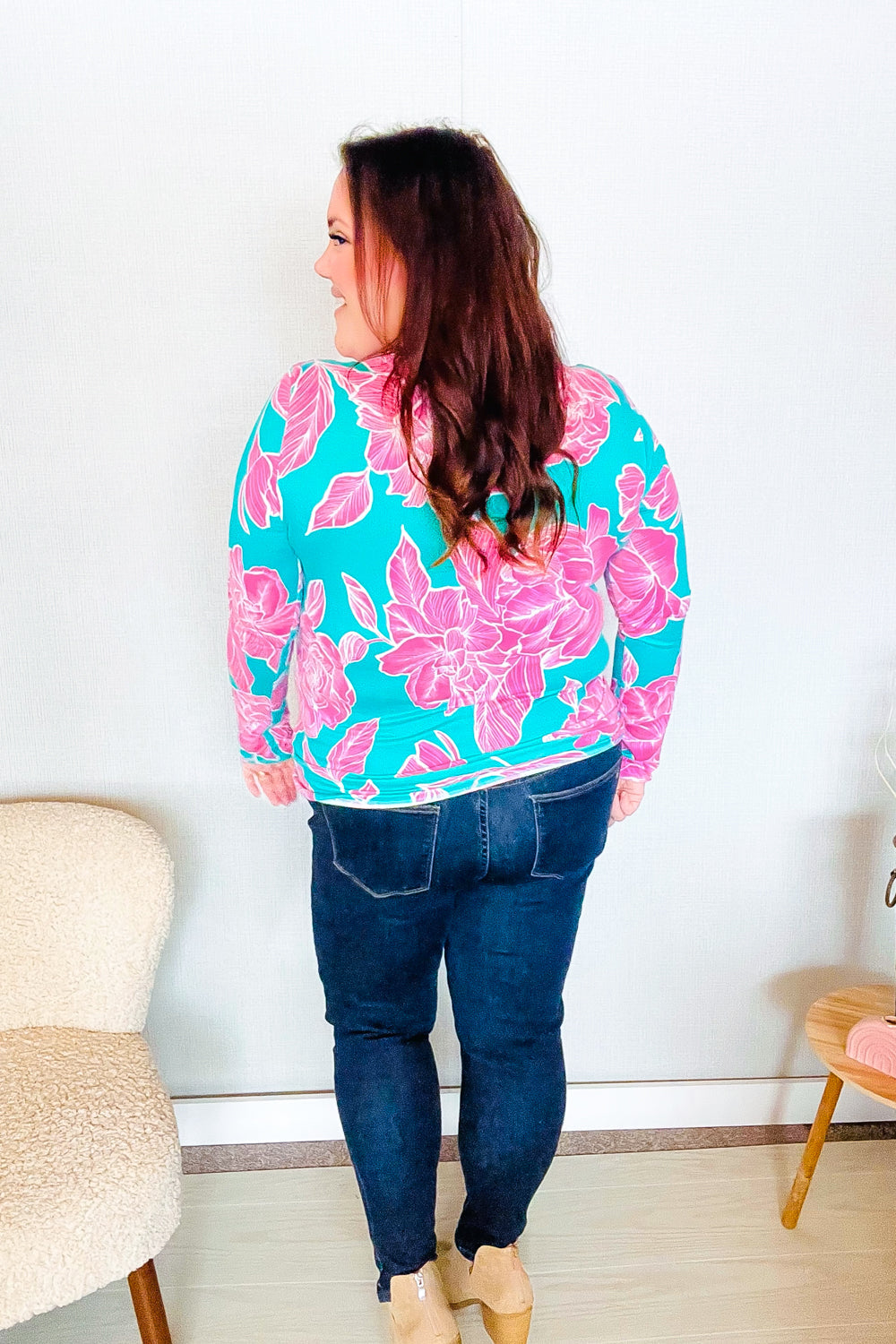 Find Love Aqua/Pink Fitted Floral Print Buttery Soft Knit Top - Charming Charlie