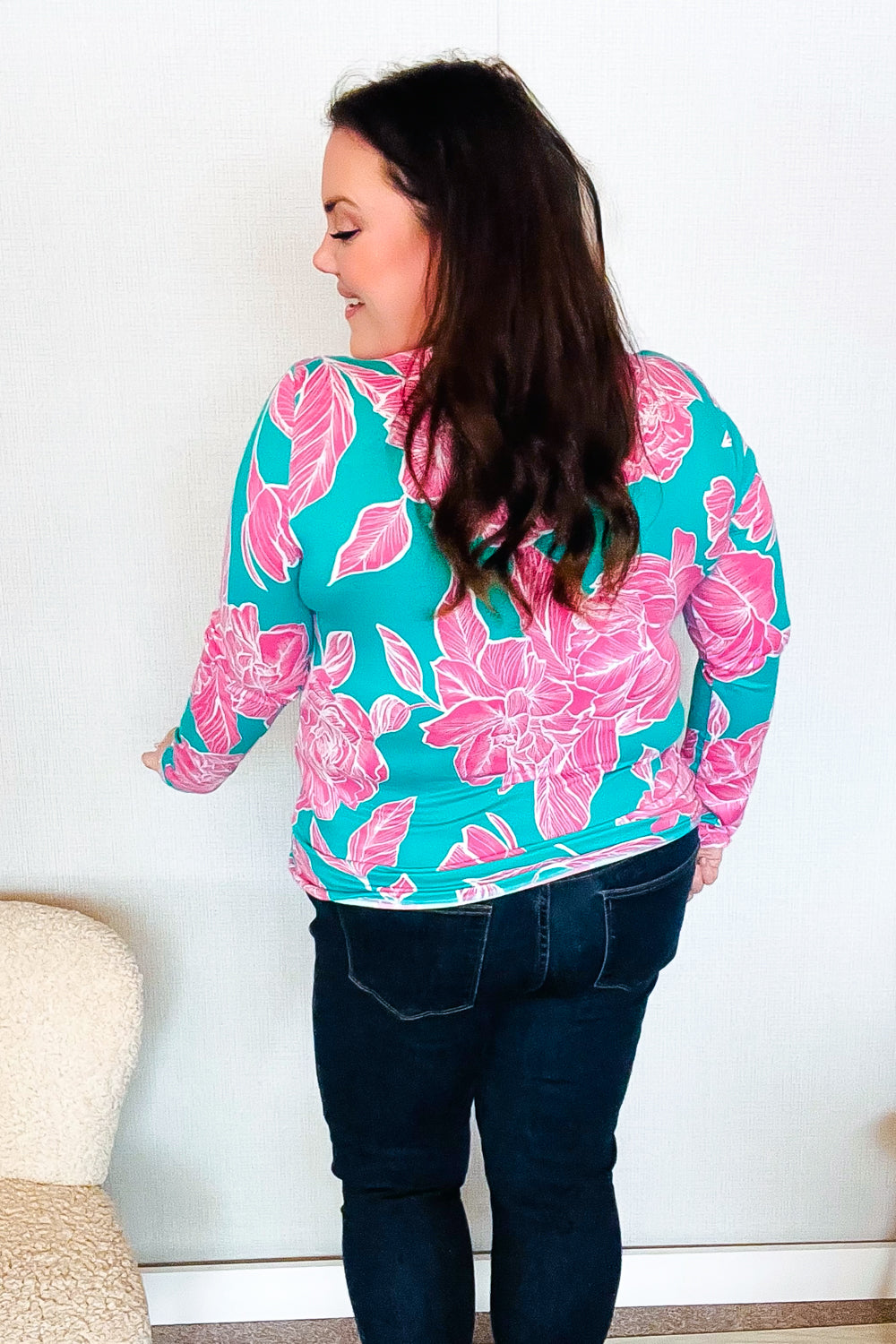 Find Love Aqua/Pink Fitted Floral Print Buttery Soft Knit Top - Charming Charlie