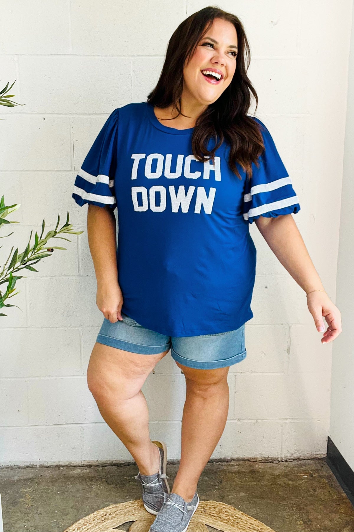 Stand Out Blue "TOUCHDOWN" Sequin Bubble Sleeve Game Day Top - Charming Charlie