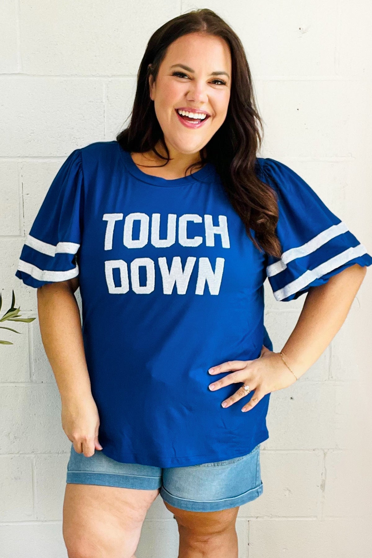 Stand Out Blue "TOUCHDOWN" Sequin Bubble Sleeve Game Day Top - Charming Charlie