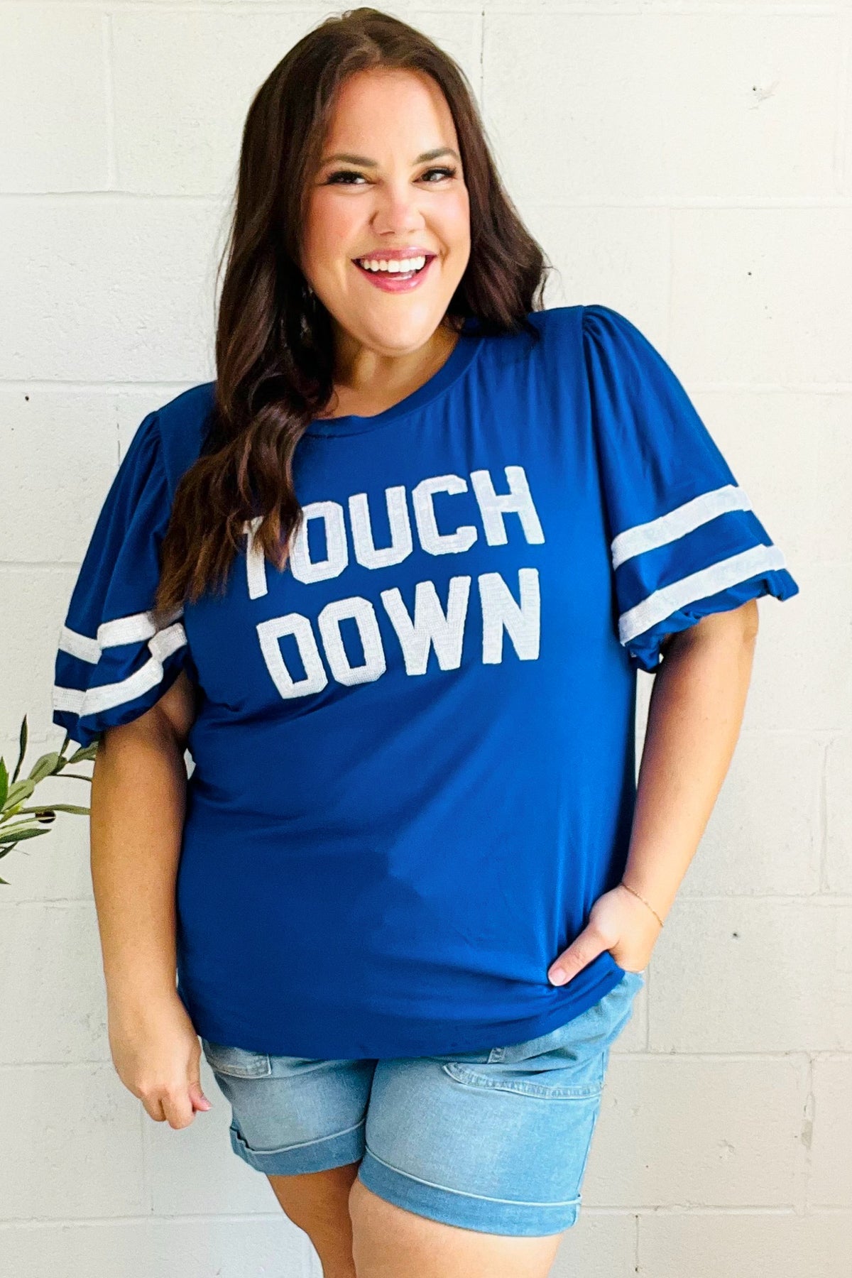 Stand Out Blue "TOUCHDOWN" Sequin Bubble Sleeve Game Day Top - Charming Charlie