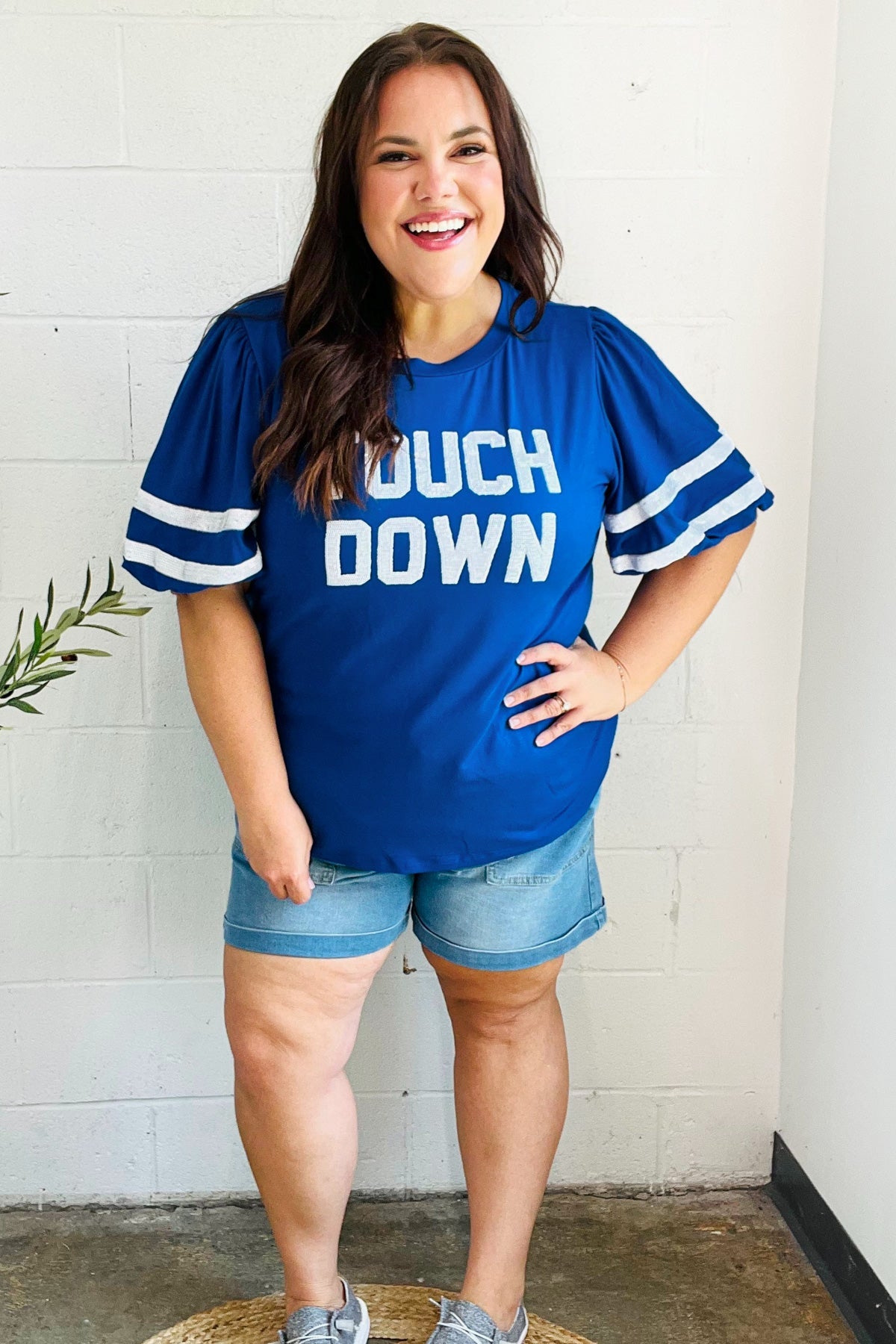 Stand Out Blue "TOUCHDOWN" Sequin Bubble Sleeve Game Day Top - Charming Charlie