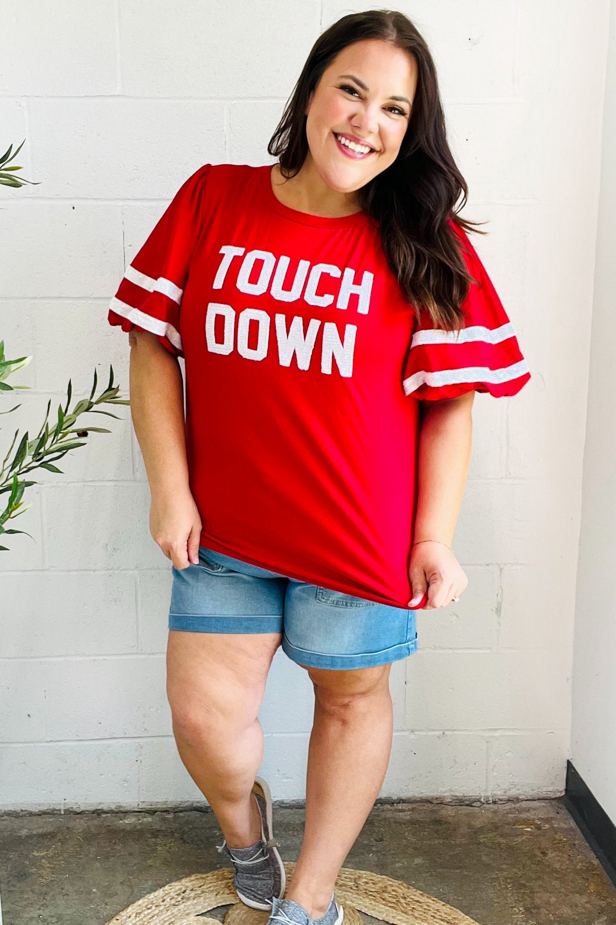 Stand Out Red "TOUCHDOWN" Sequin Bubble Sleeve Game Day Top - Charming Charlie