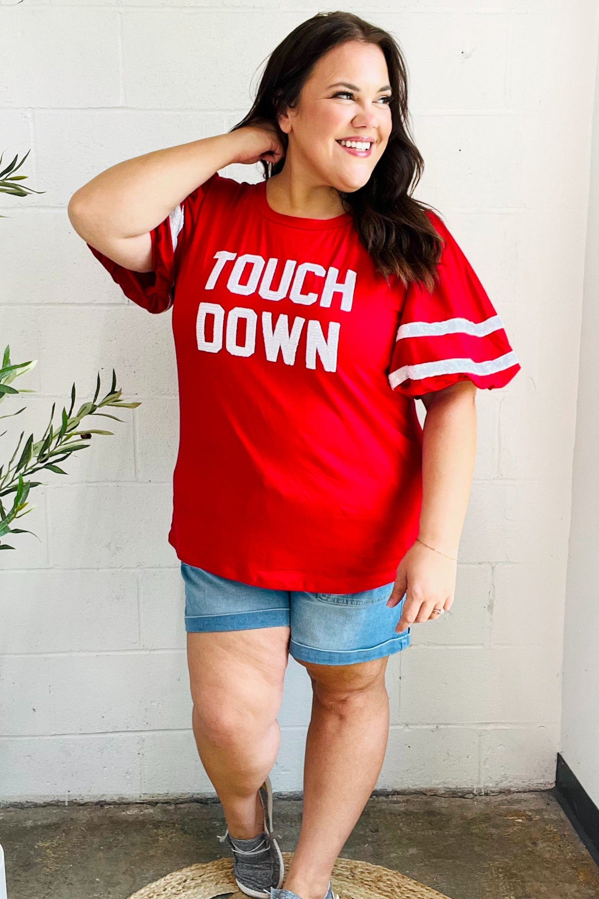 Stand Out Red "TOUCHDOWN" Sequin Bubble Sleeve Game Day Top - Charming Charlie