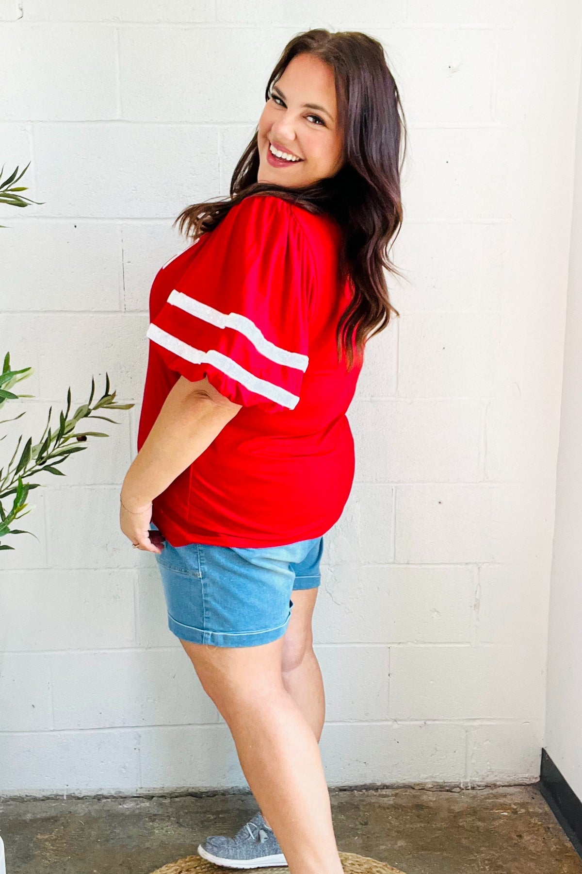 Stand Out Red "TOUCHDOWN" Sequin Bubble Sleeve Game Day Top - Charming Charlie