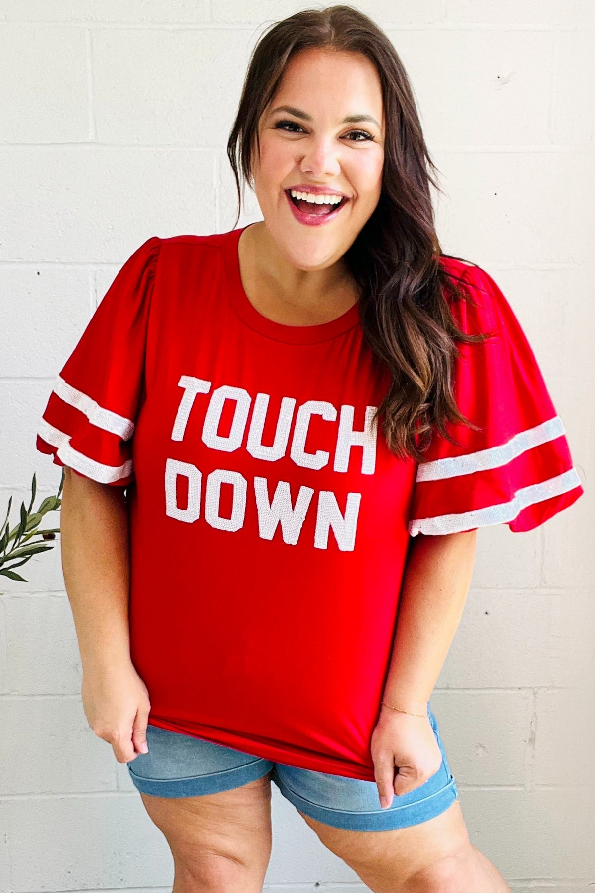 Stand Out Red "TOUCHDOWN" Sequin Bubble Sleeve Game Day Top - Charming Charlie