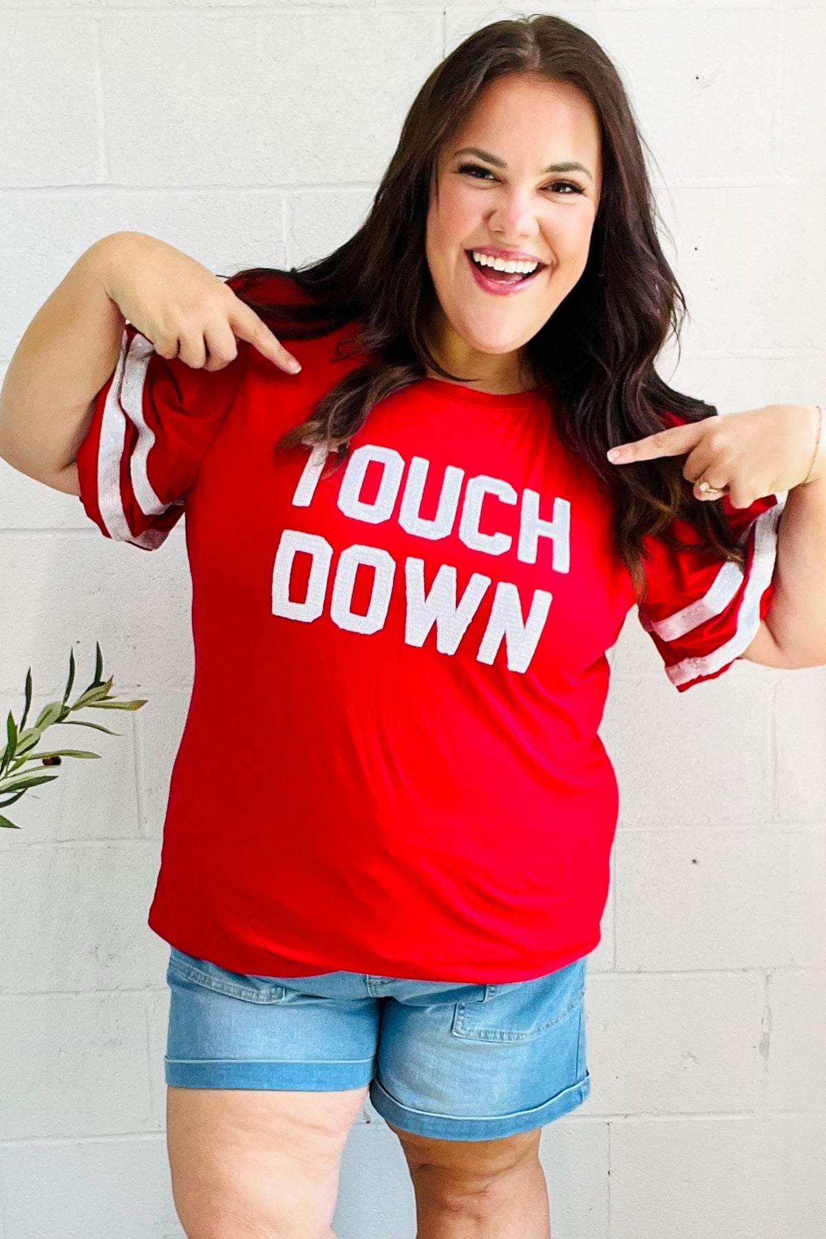 Stand Out Red "TOUCHDOWN" Sequin Bubble Sleeve Game Day Top - Charming Charlie