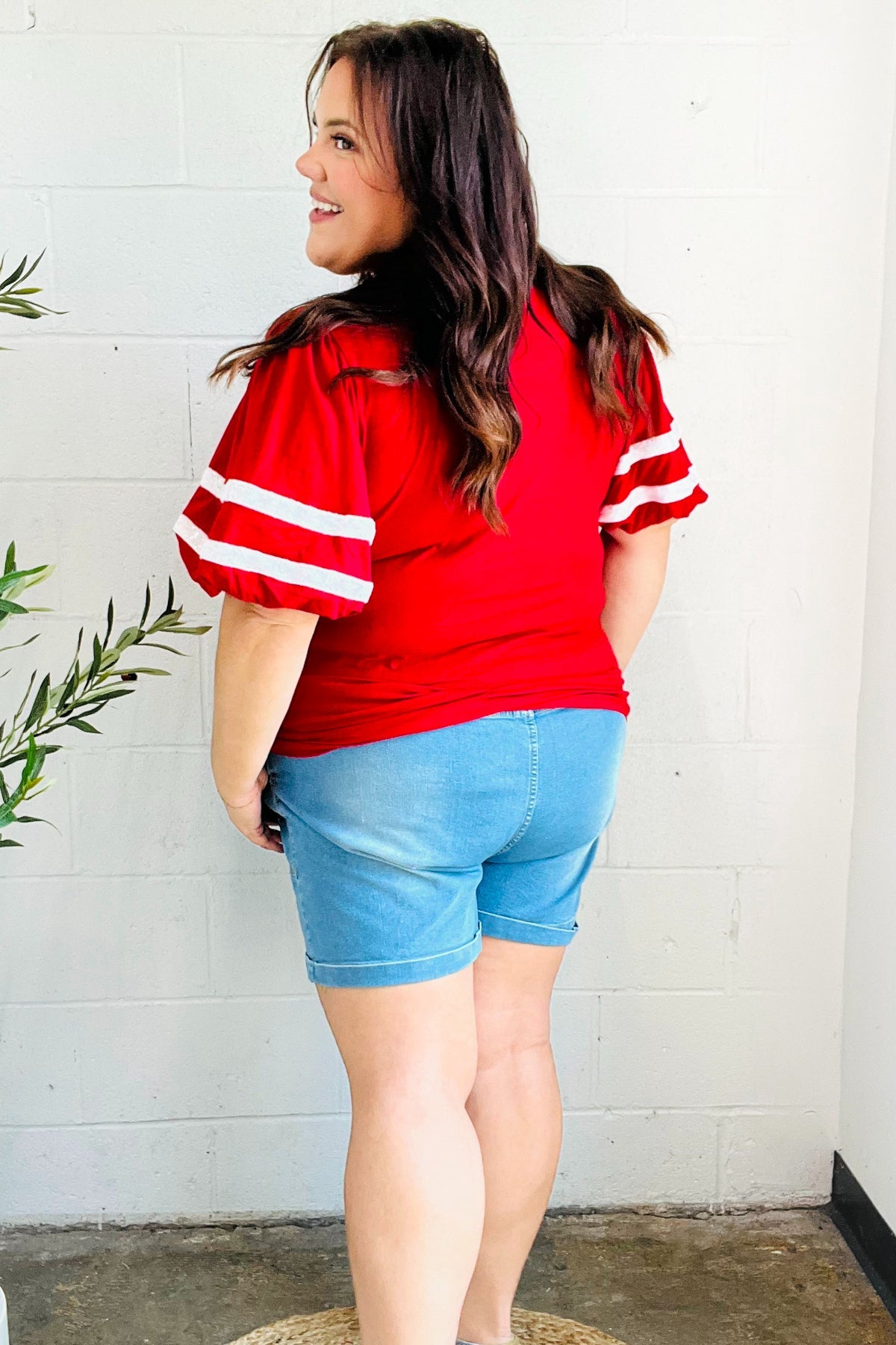 Stand Out Red "TOUCHDOWN" Sequin Bubble Sleeve Game Day Top - Charming Charlie