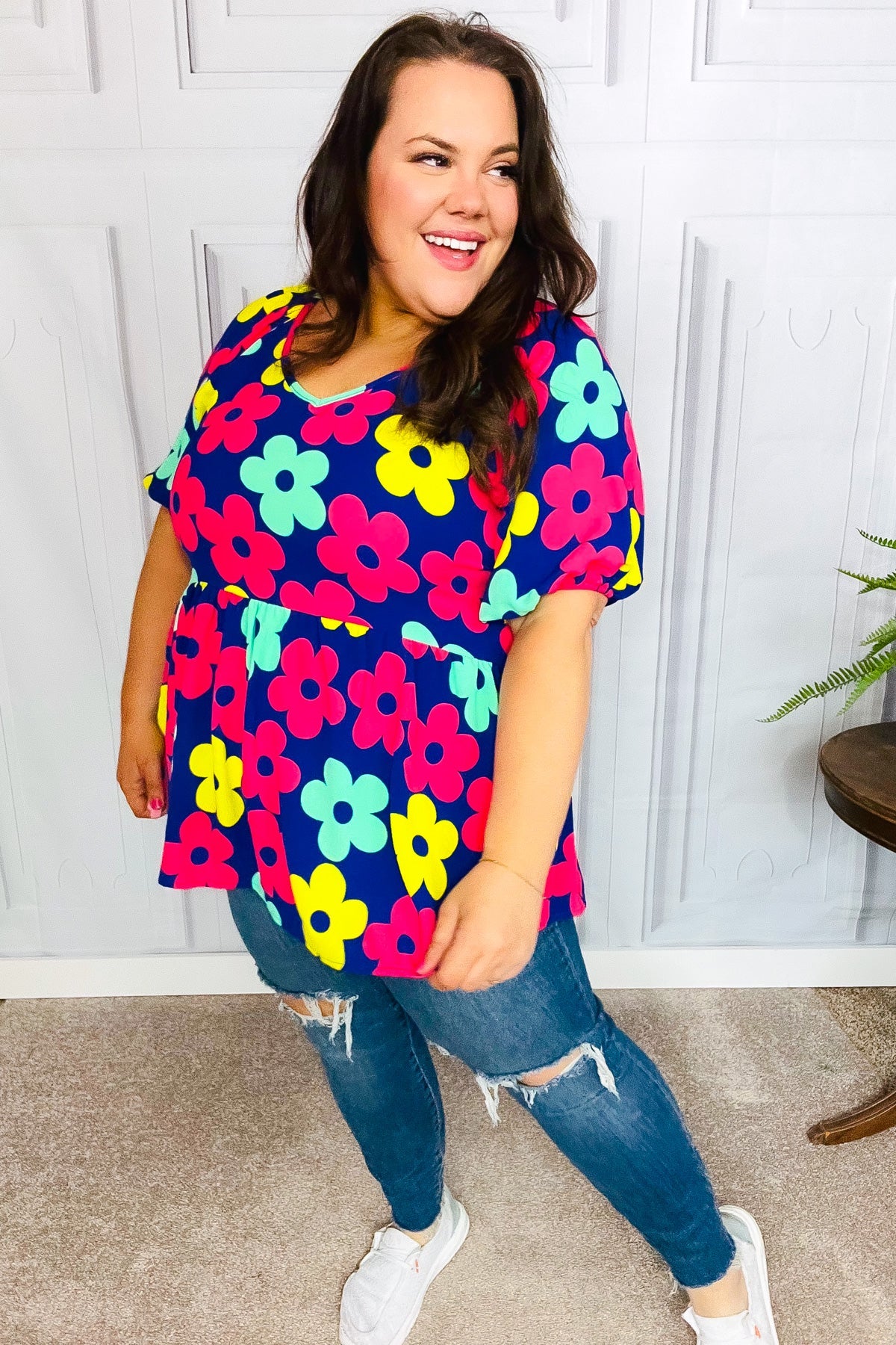 Sunny Days Navy Flat Floral Bubble Sleeve Babydoll Top - Charming Charlie
