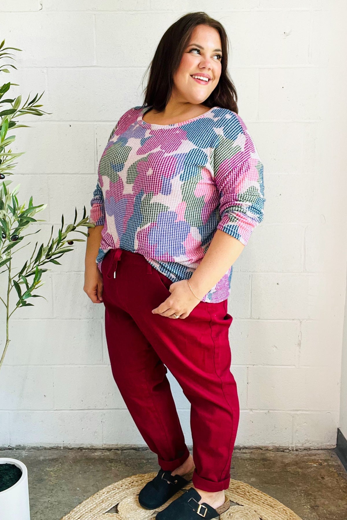 Beautiful You Magenta Floral Vintage Two Tone Knit Top - Charming Charlie
