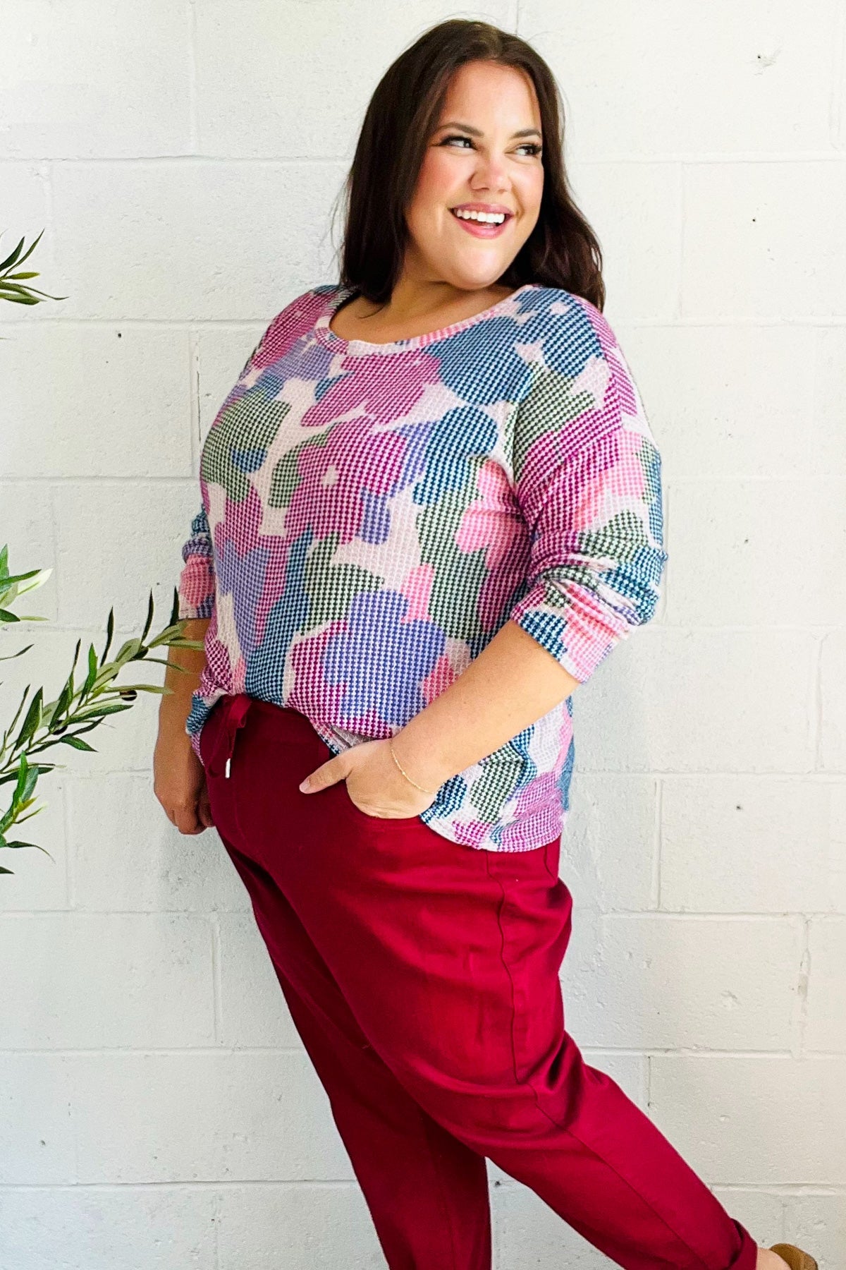 Beautiful You Magenta Floral Vintage Two Tone Knit Top - Charming Charlie