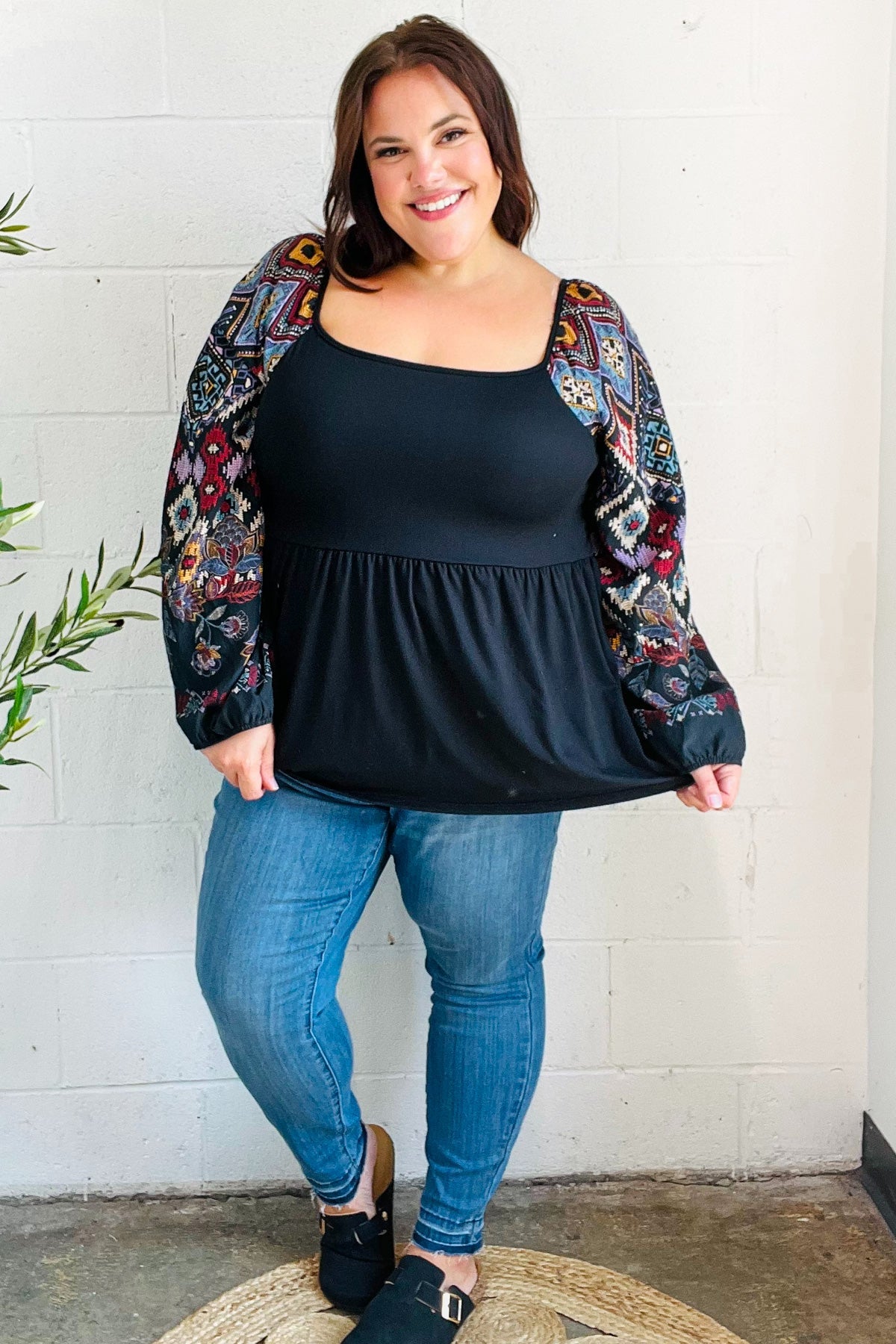 Charming Black Square Neck Border Print Bubble Sleeve Top - Charming Charlie