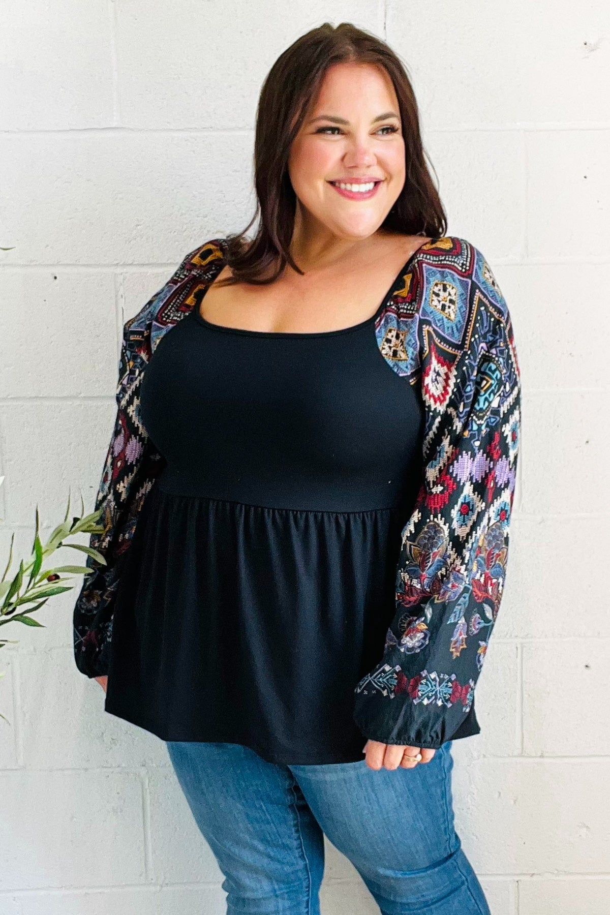 Charming Black Square Neck Border Print Bubble Sleeve Top - Charming Charlie