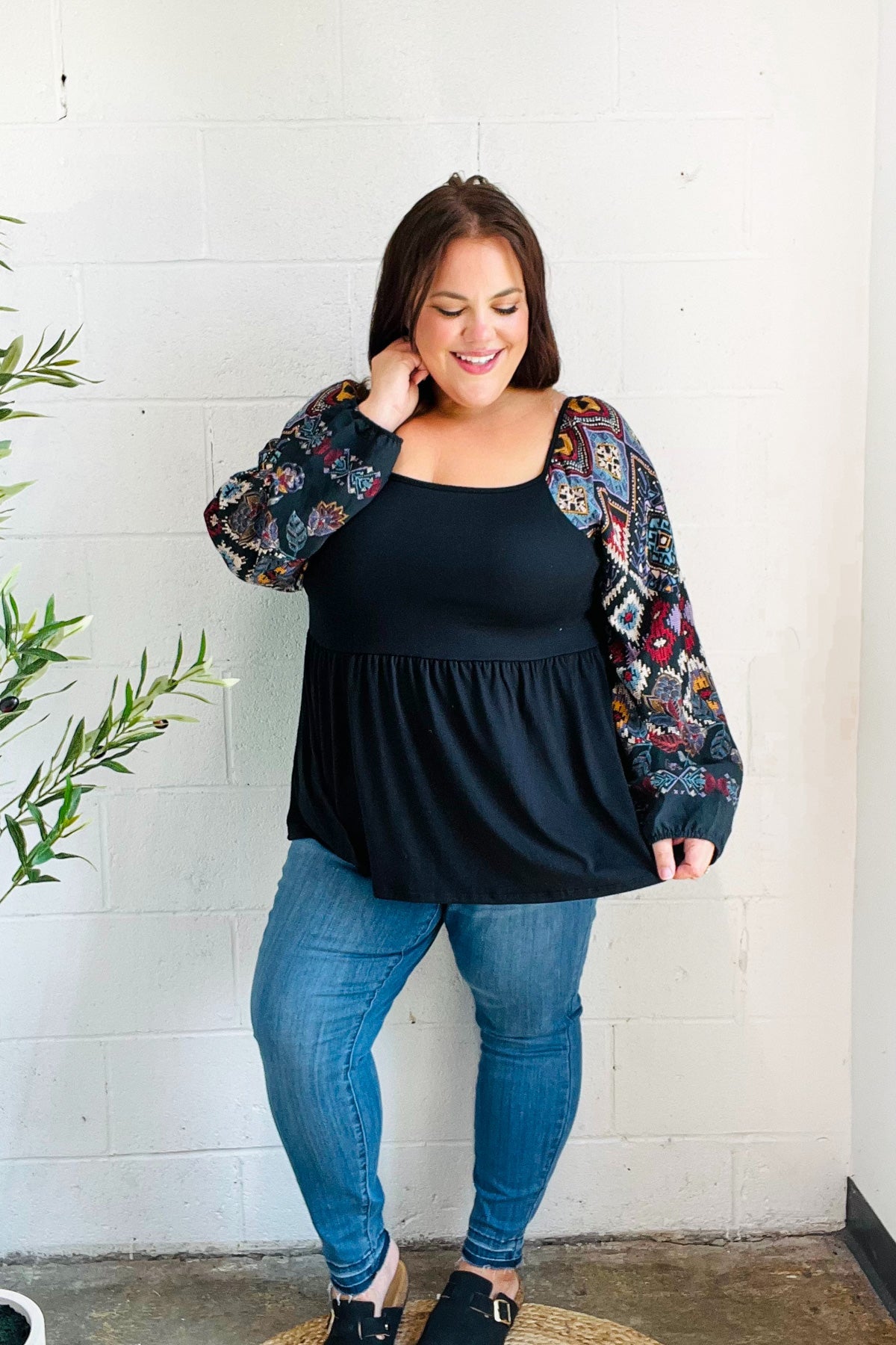 Charming Black Square Neck Border Print Bubble Sleeve Top - Charming Charlie