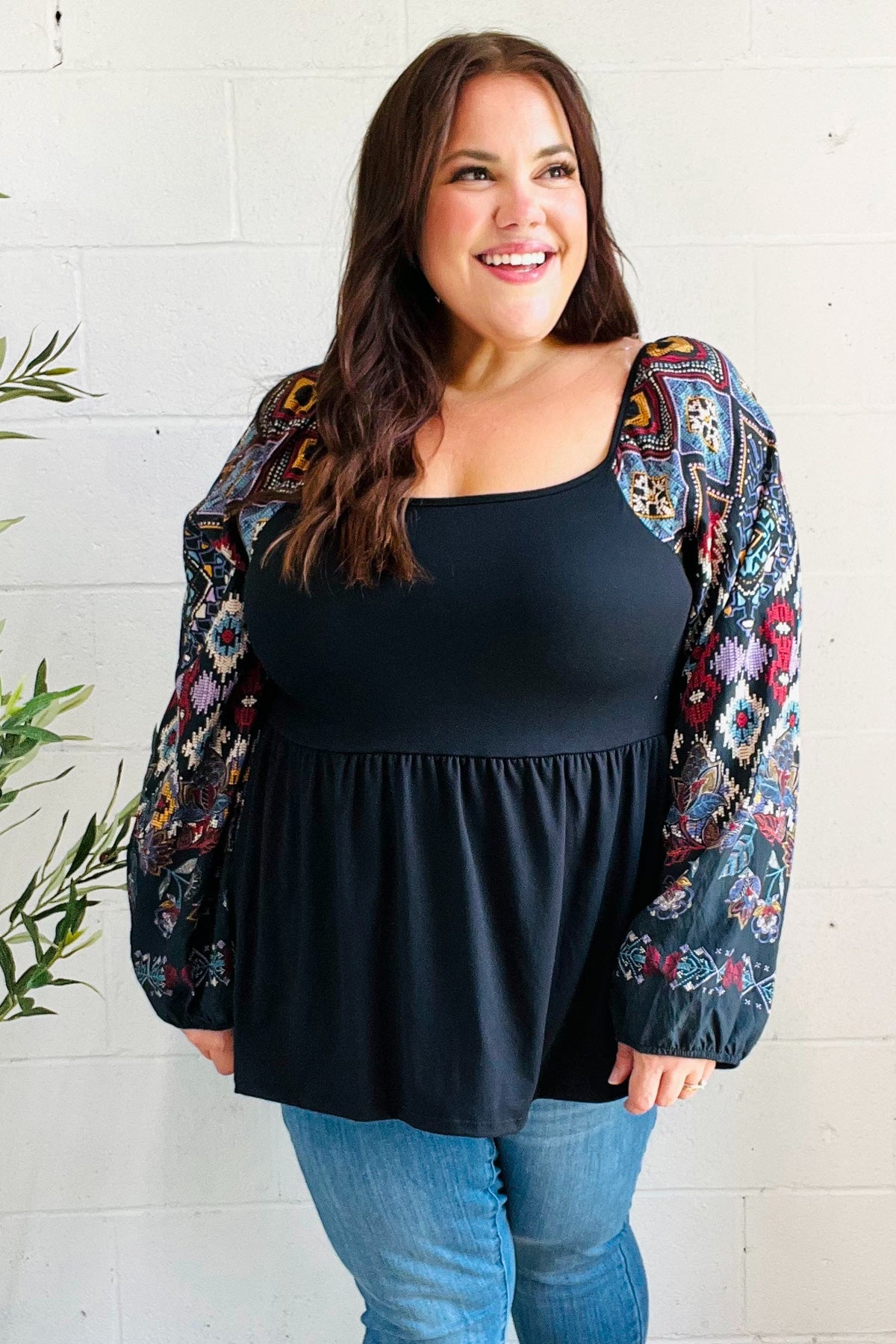 Charming Black Square Neck Border Print Bubble Sleeve Top - Charming Charlie