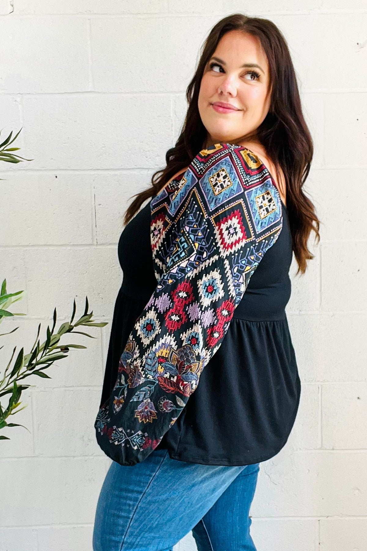 Charming Black Square Neck Border Print Bubble Sleeve Top - Charming Charlie